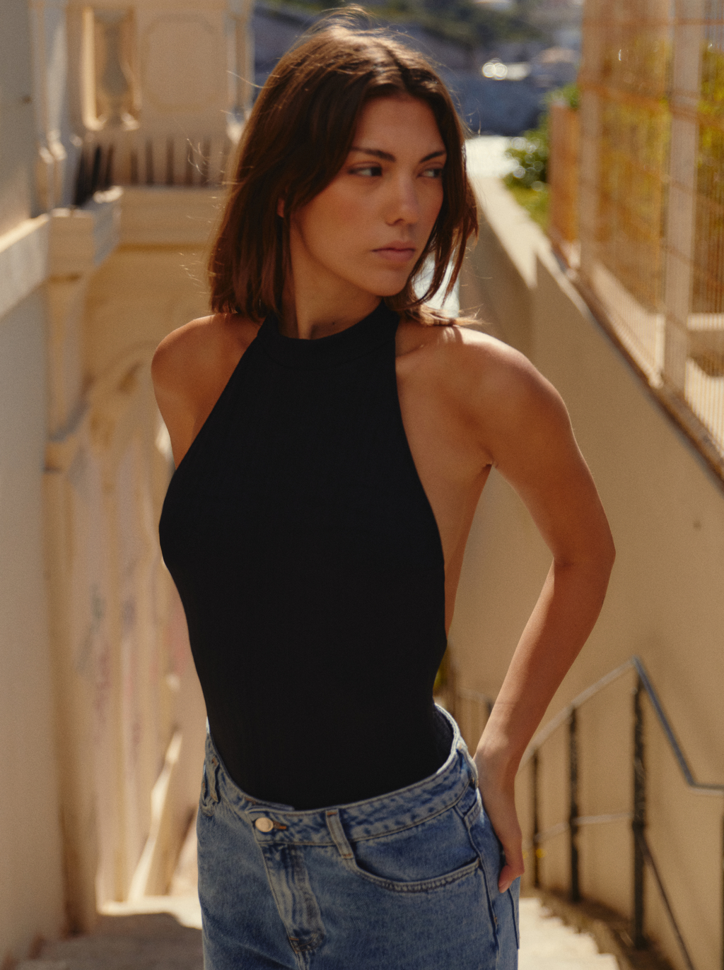 Black Rib Open Back Bodysuit