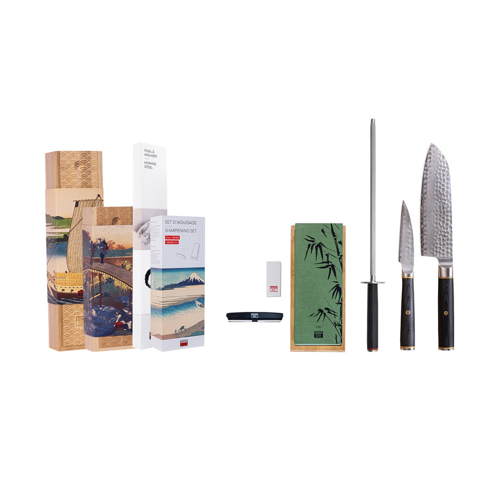 Colección Pakka San-Mai - Set básico de 4 piezas: 2 cuchillos + 2 accesorios