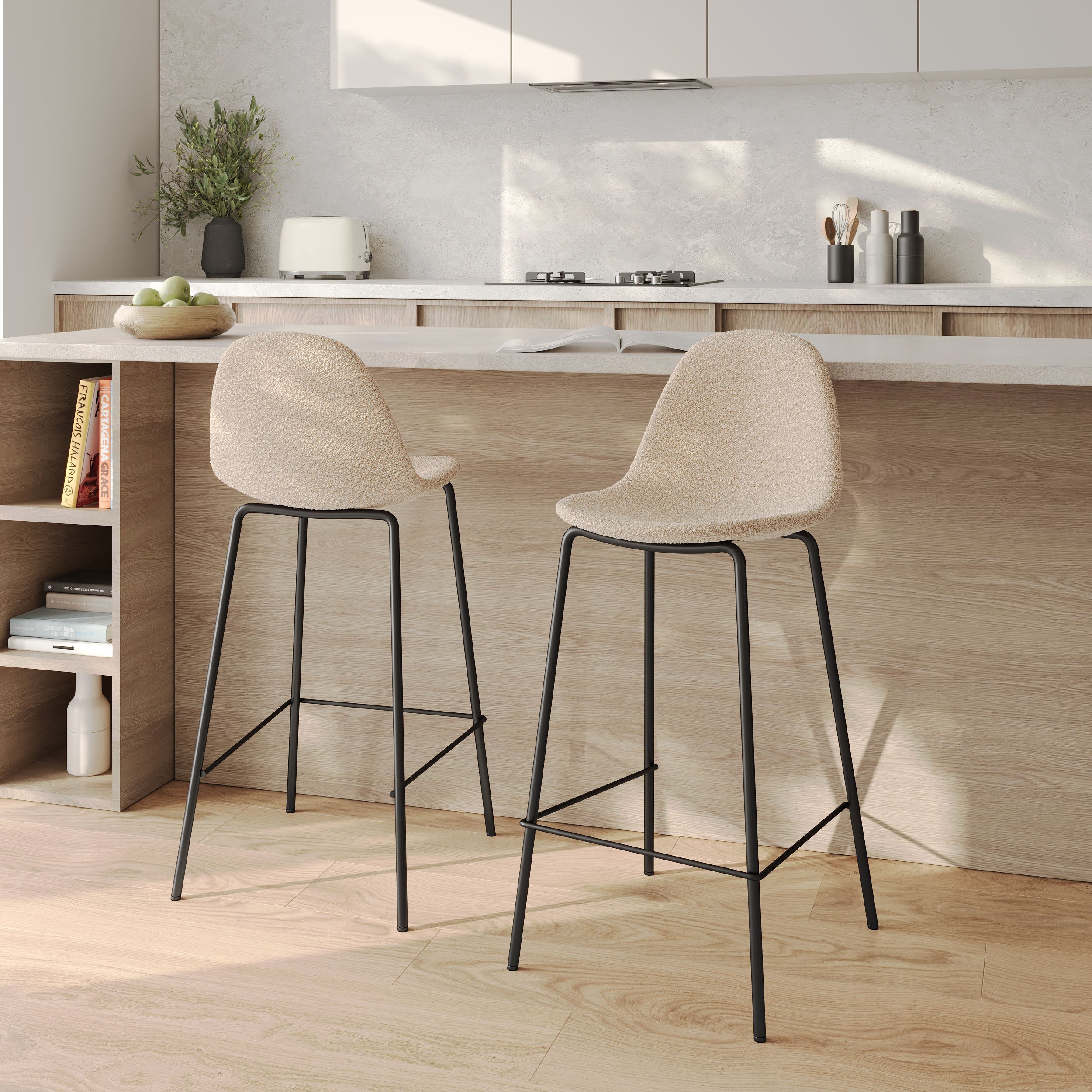 Henrik - Lot De 2 Chaises Pour Îlot Central En Tissu Bouclette Beige