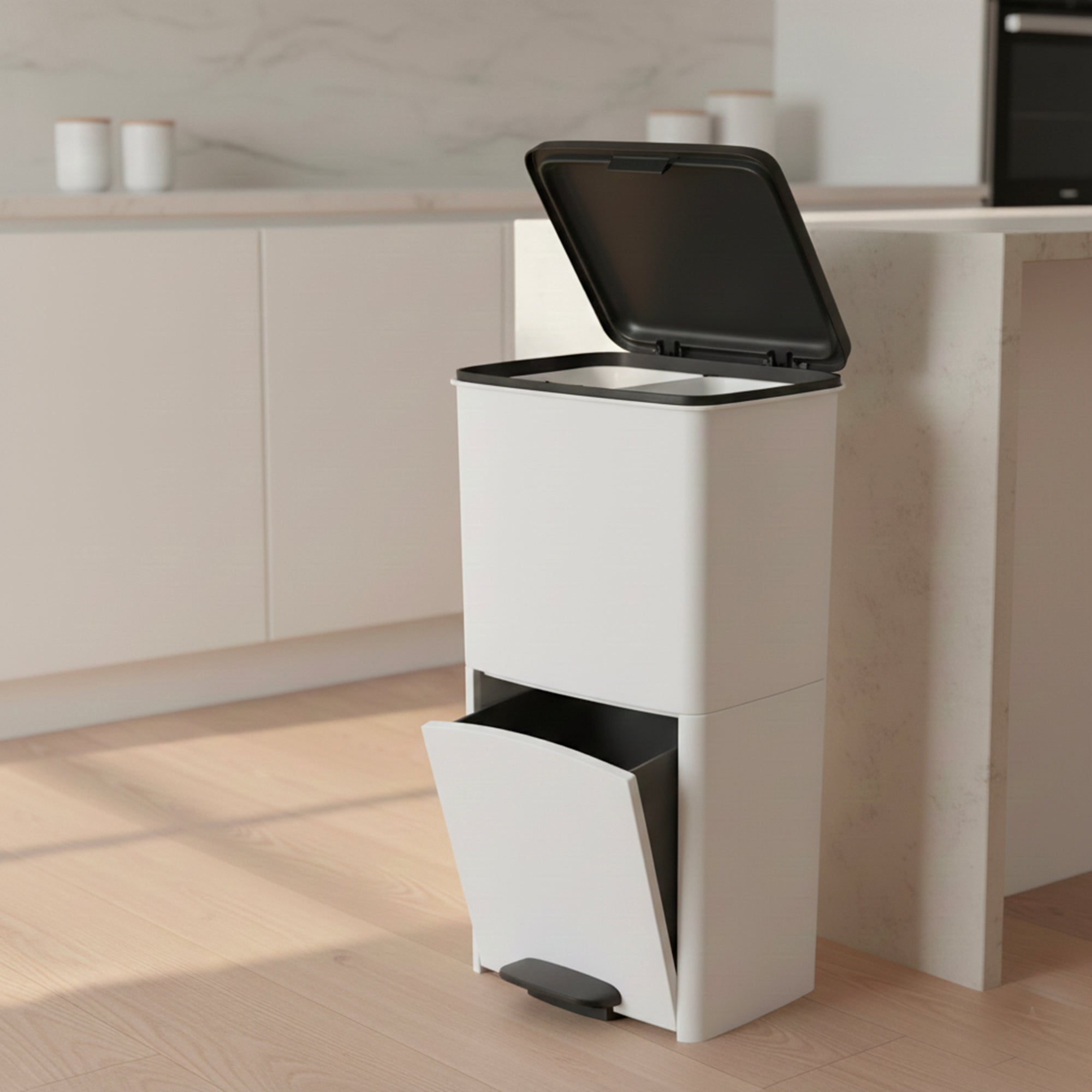 Picea - Cubo con pedal para reciclaje selectivo 70L - Blanco