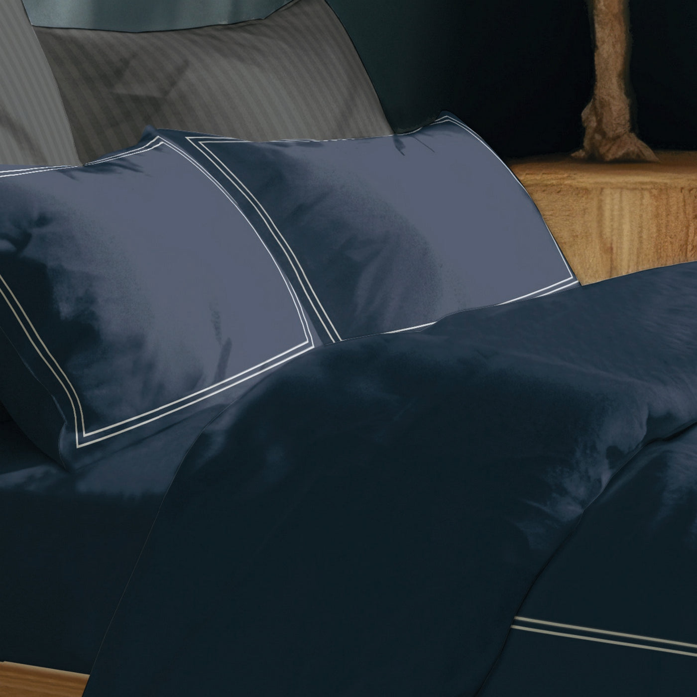 Annecy - Drap Plat - Satin De Coton - Blanc / Bleu Foncé