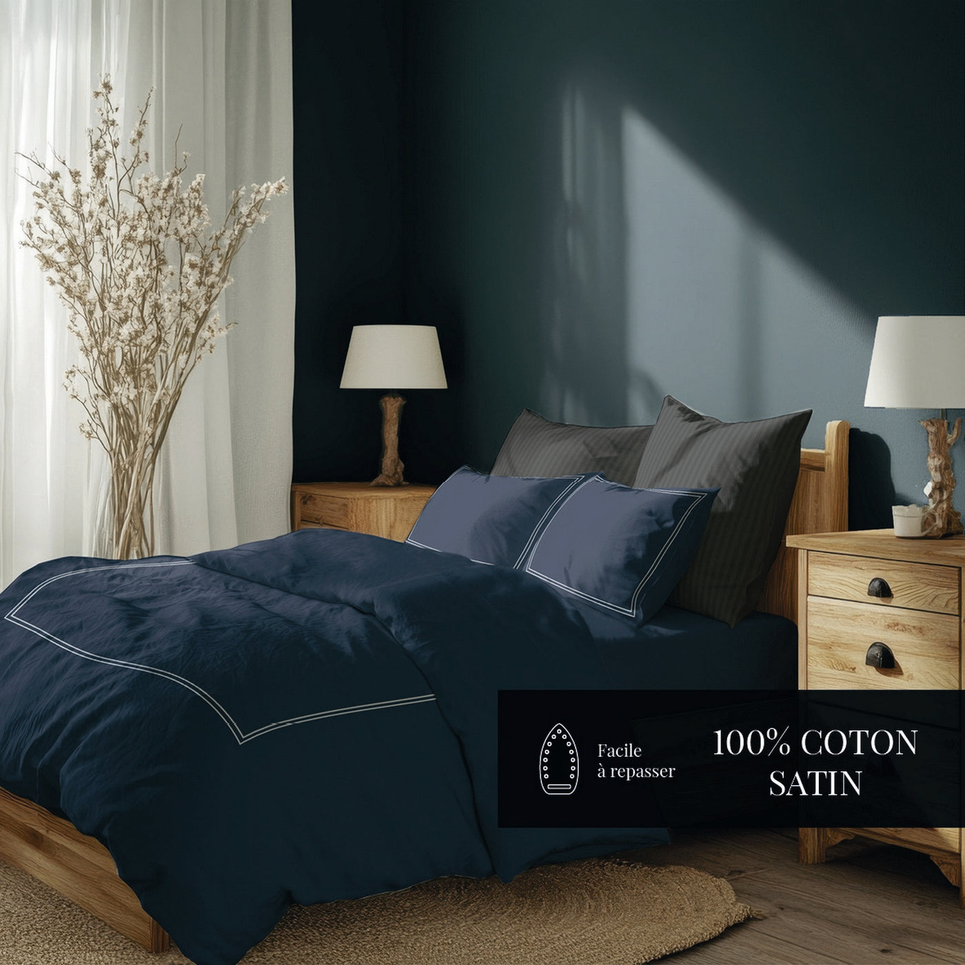 Annecy - Drap Plat - Satin De Coton - Blanc / Bleu Foncé