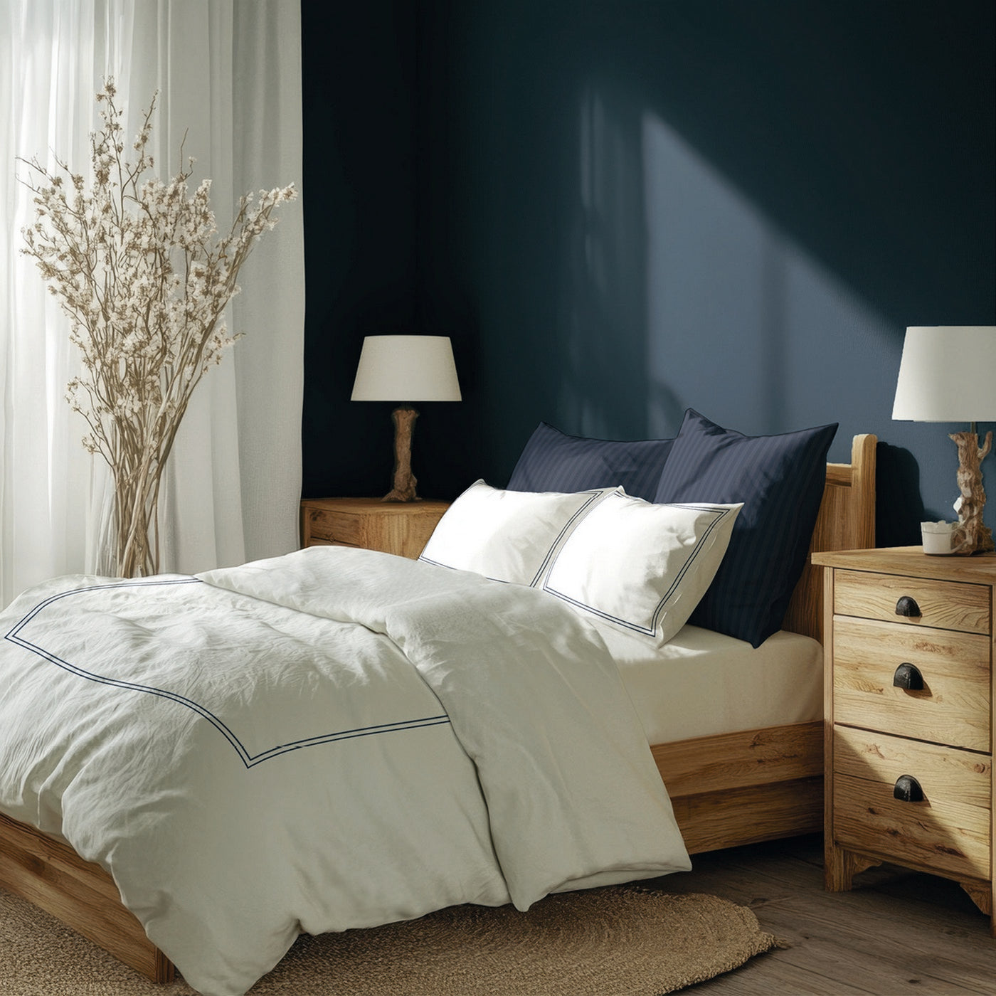 Annecy - Drap Plat - Satin De Coton - Bleu Foncé / Blanc