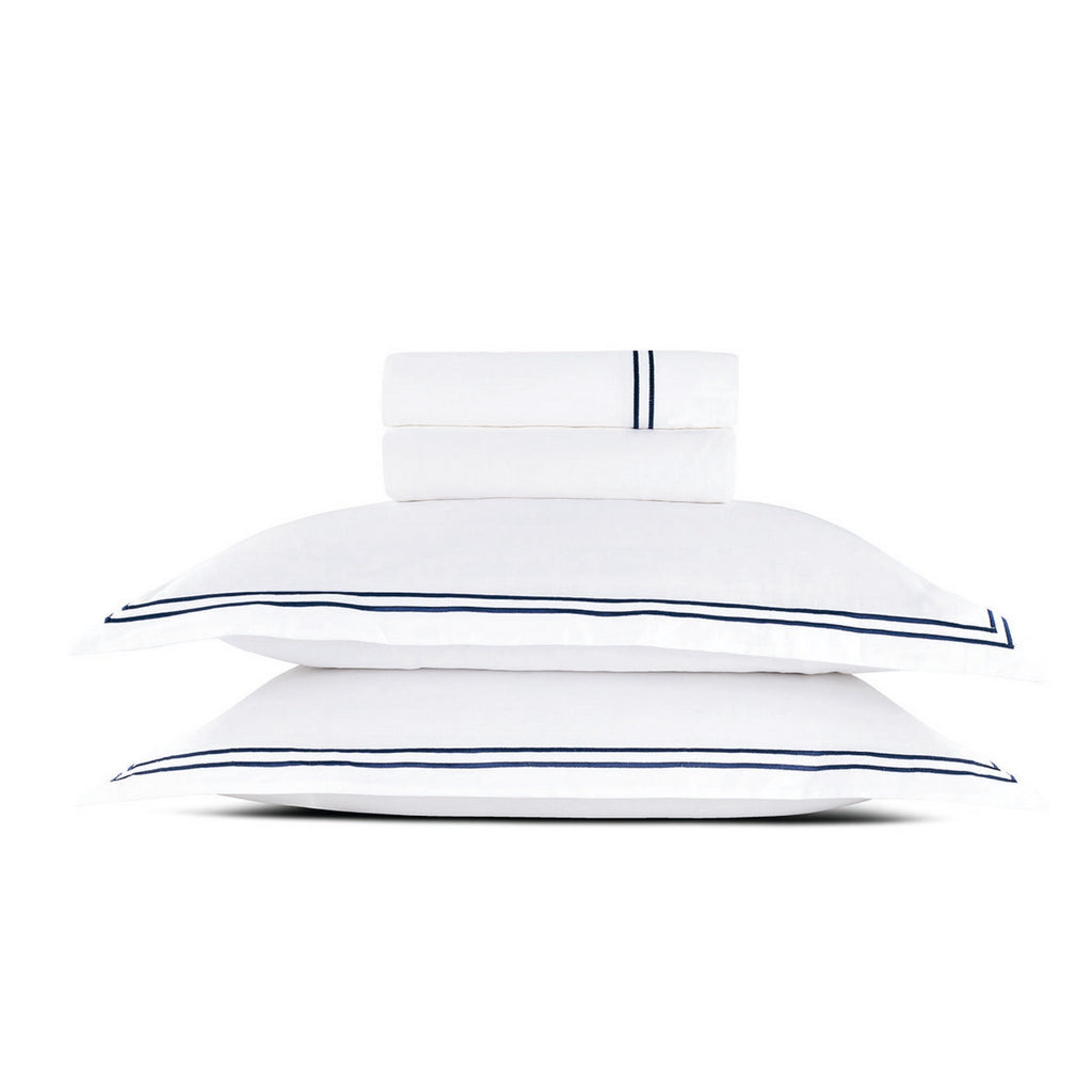 Annecy - Ensemble De Draps - Satin De Coton - Bleu Foncé / Blanc