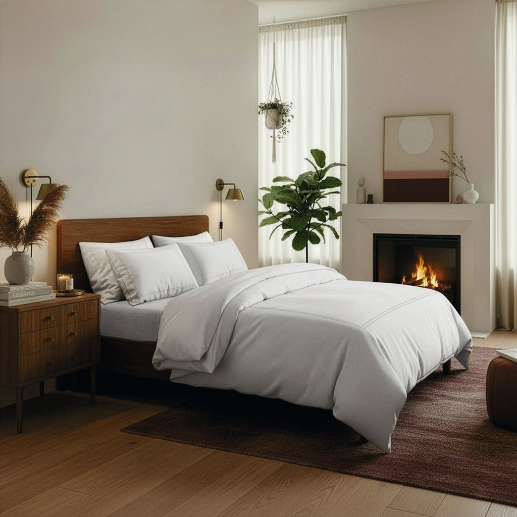 Annecy - Housse De Couette + Taie D'Oreiller - Satin De Coton - Gris / Blanc