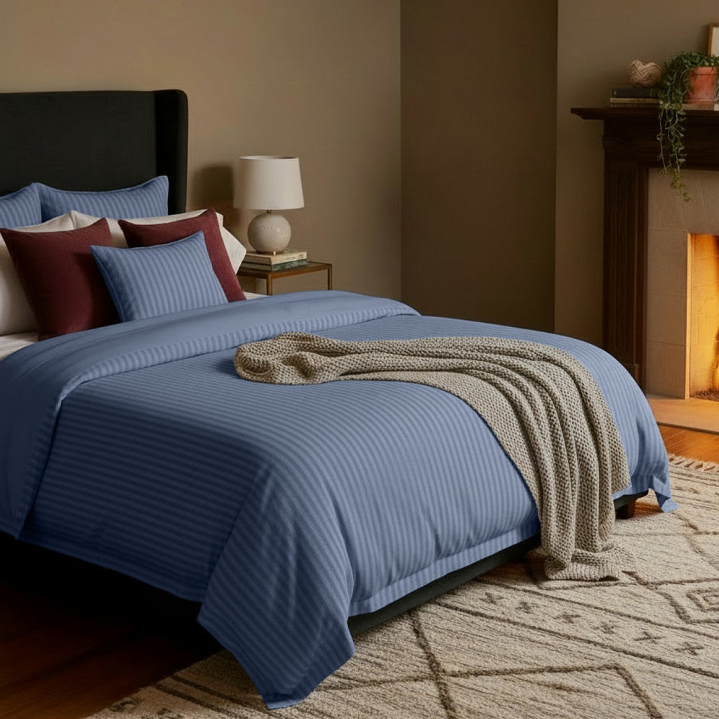 Dobby Stripe Woven Sheet Set - Taie D'Oreiller - Satin De Coton - Bleu 06