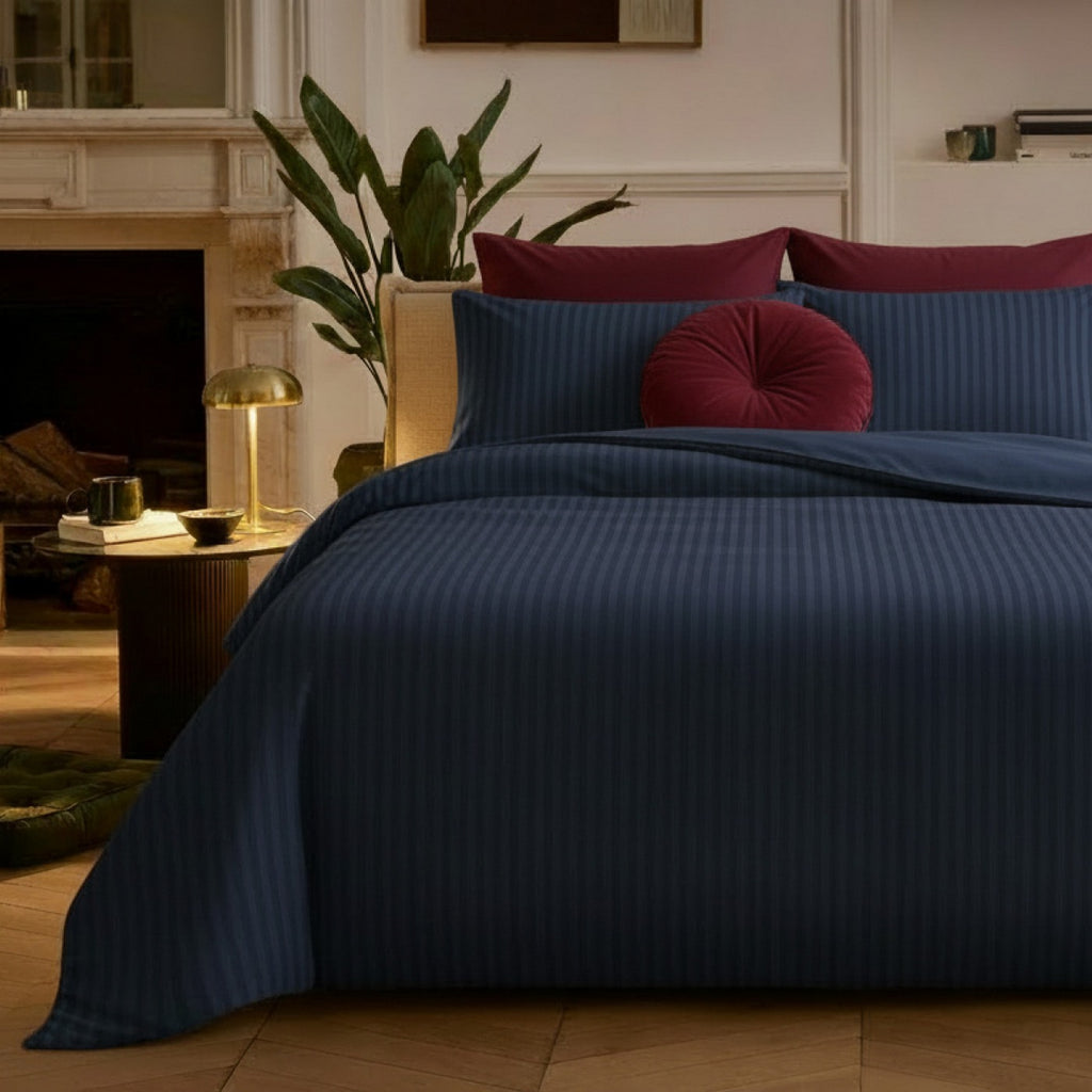 Dobby Stripe Woven - Housse De Couette + Taie D'Oreiller - Satin De Coton - Blue 11