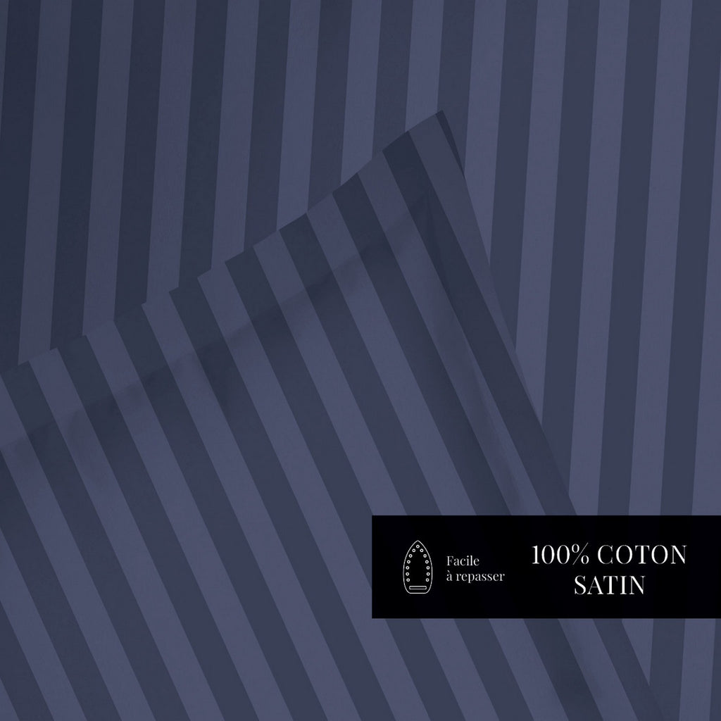 Dobby Stripe Woven Sheet Set - Drap Plat - Satin De Coton - Blue 11