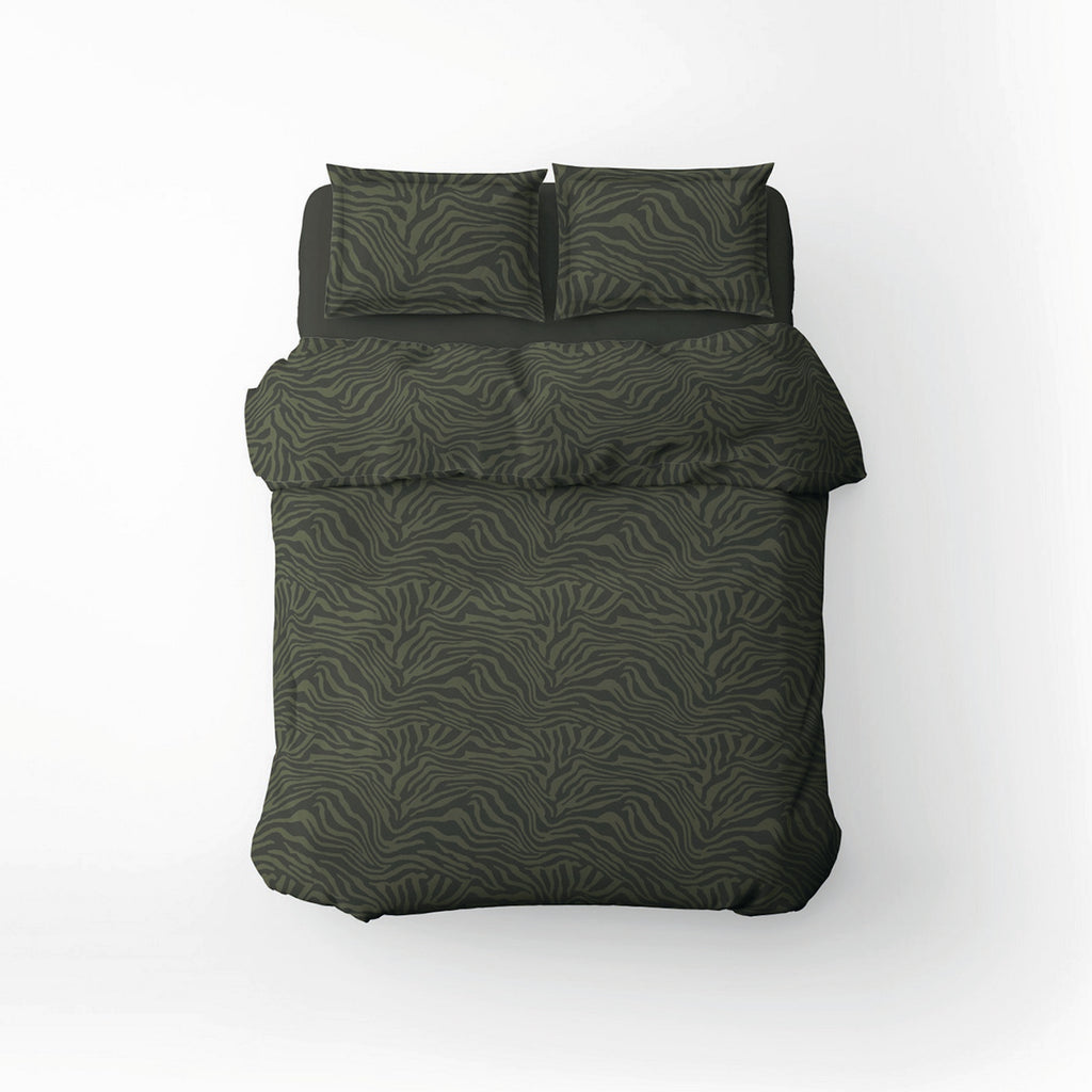 Evasion Zébrée - Housse De Couette + Taie D'Oreiller - Satin De Coton - Vert Foncé