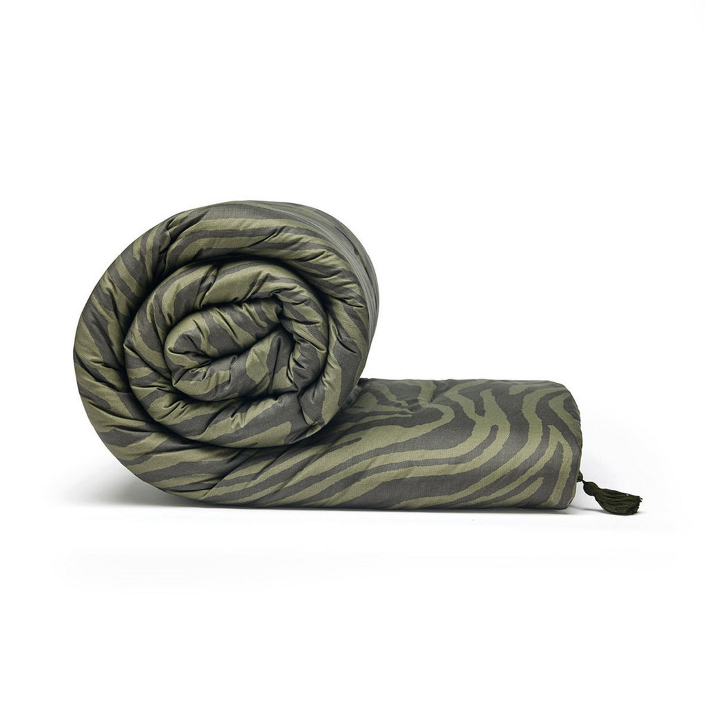 Evasion Zébrée - Édredon Avec Glands - Satin De Coton - Vert Foncé