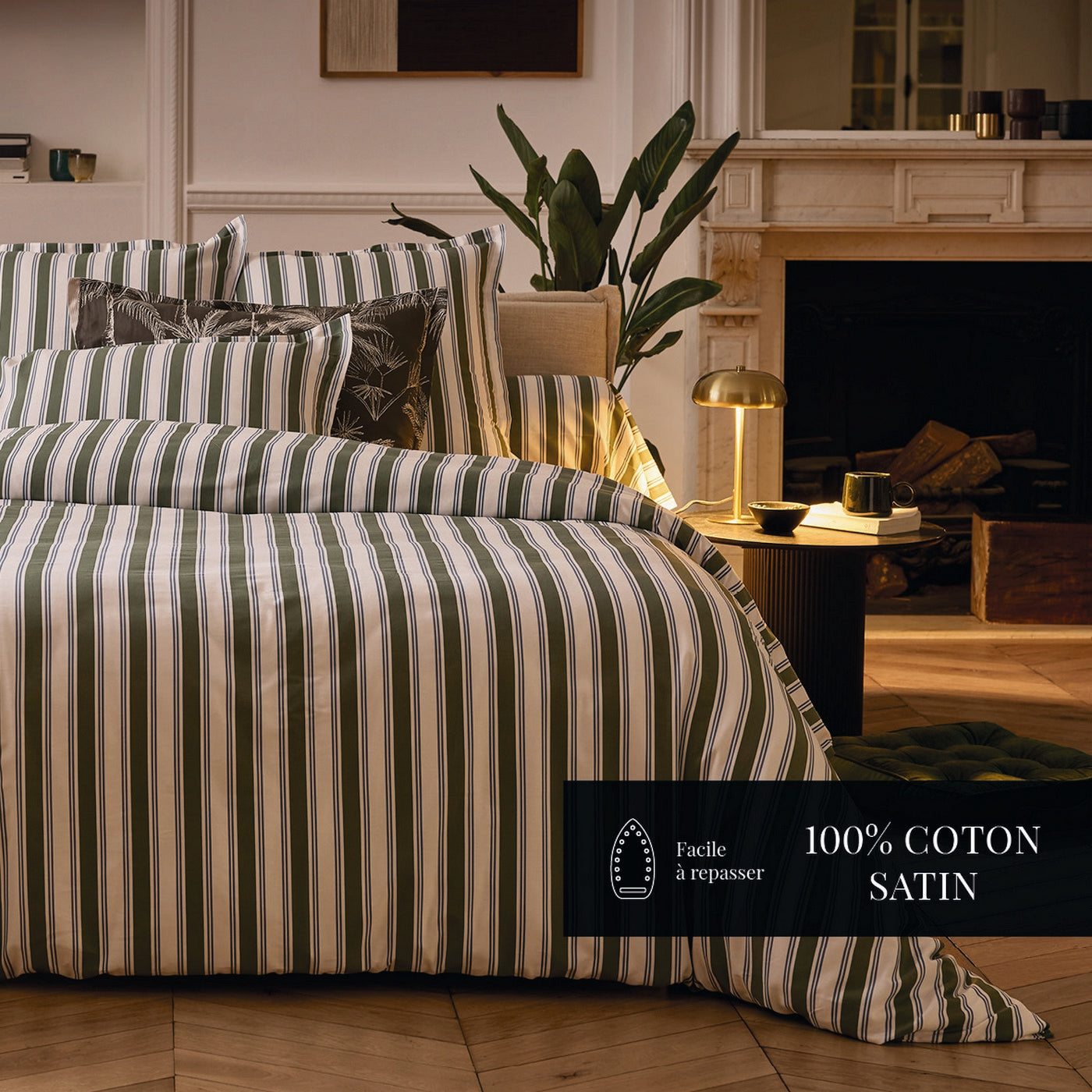 Soline - Housse De Couette + Taie D'Oreiller - Satin De Coton - Vert / Bleu