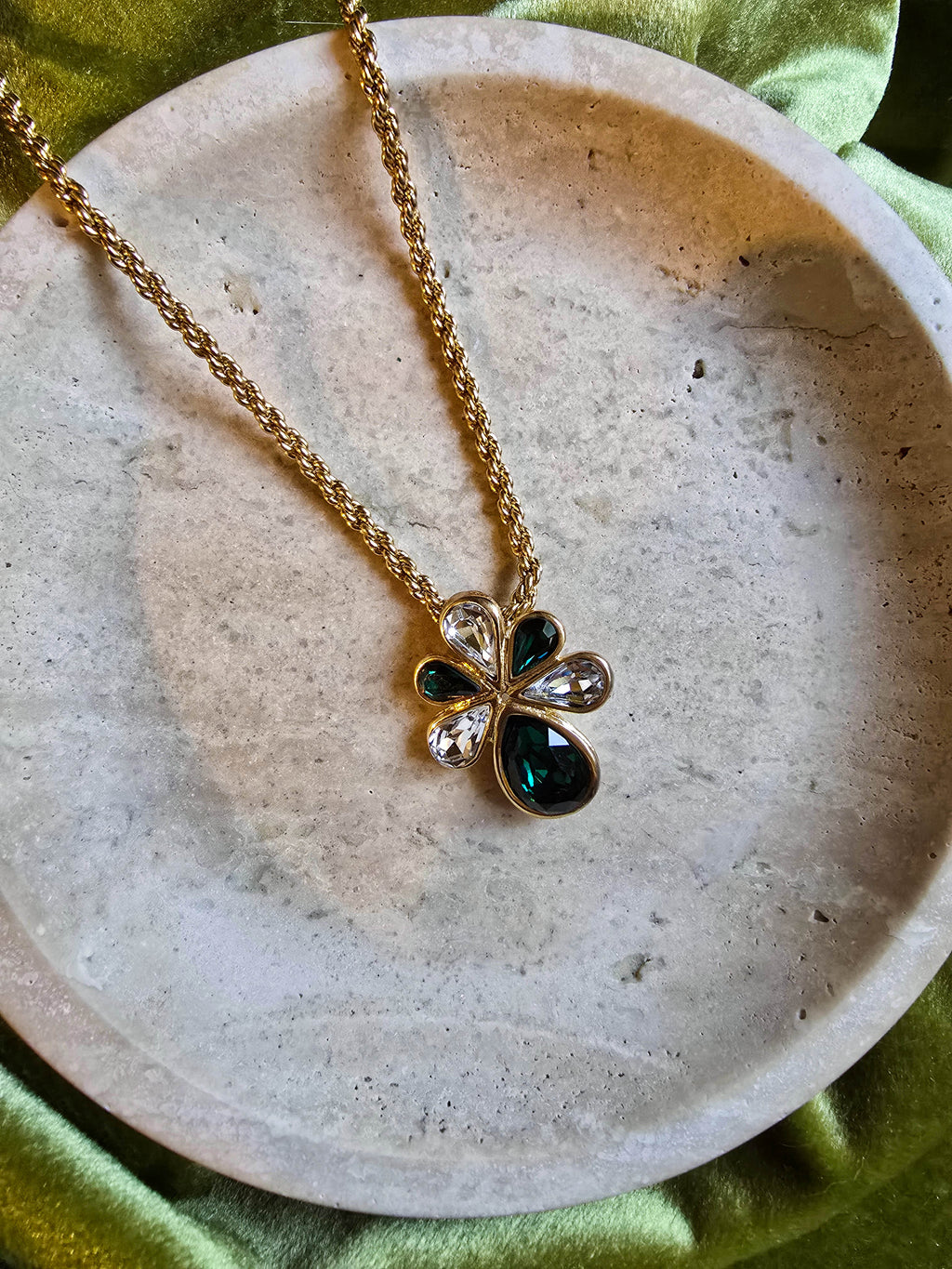 Vintage Yves Saint Laurent Emerald Rhinestone Flower Necklace