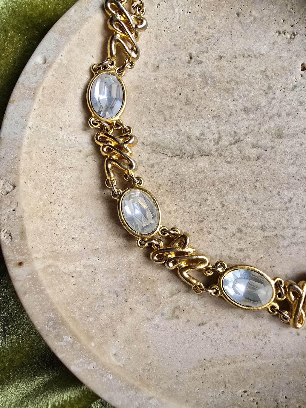 Vintage Sonia Rykiel Gold-Plated Necklace - Interlocking Links and Clear Oval Rhinestones