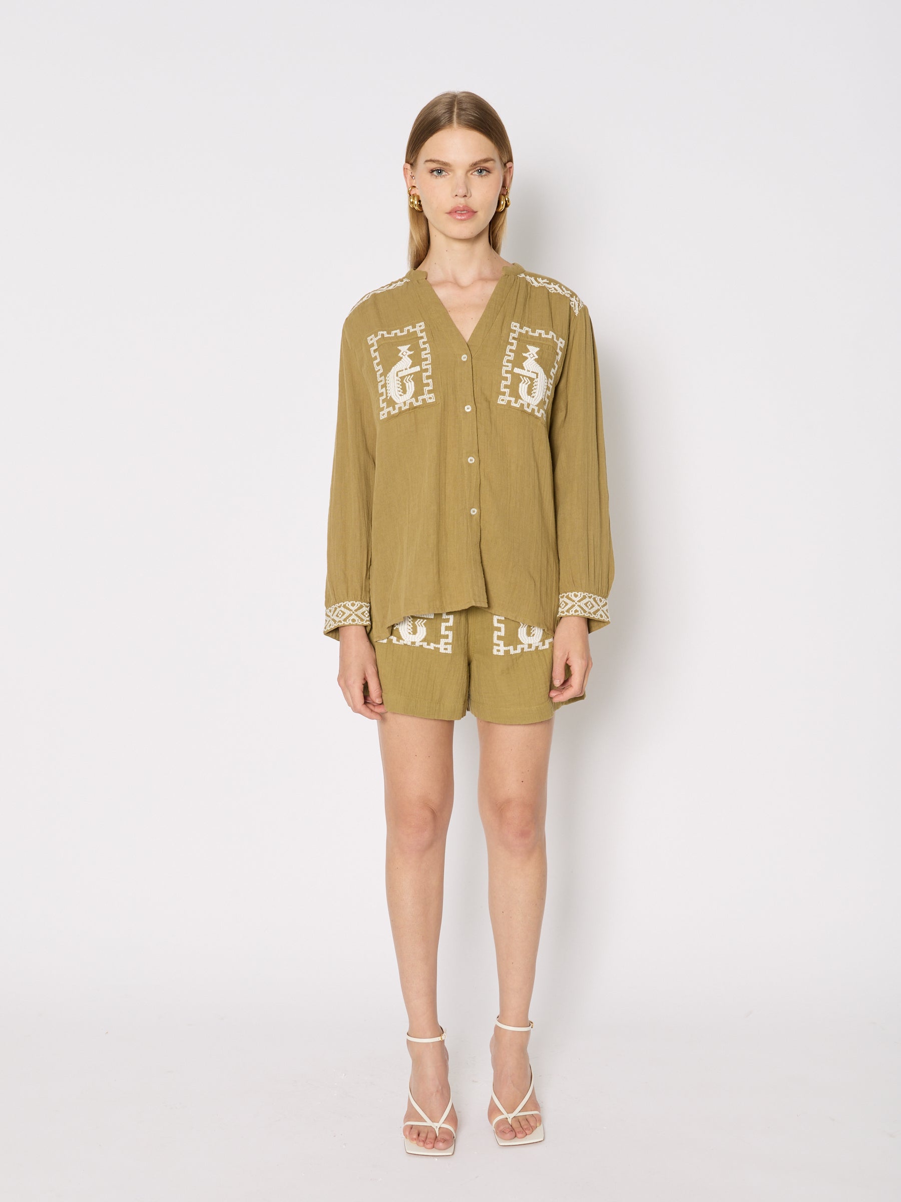 Berenice - Double Gauze Embroidered Shirt - Khaki