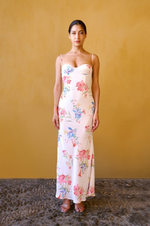Lange Strapless Jurk Met Print – Wit
