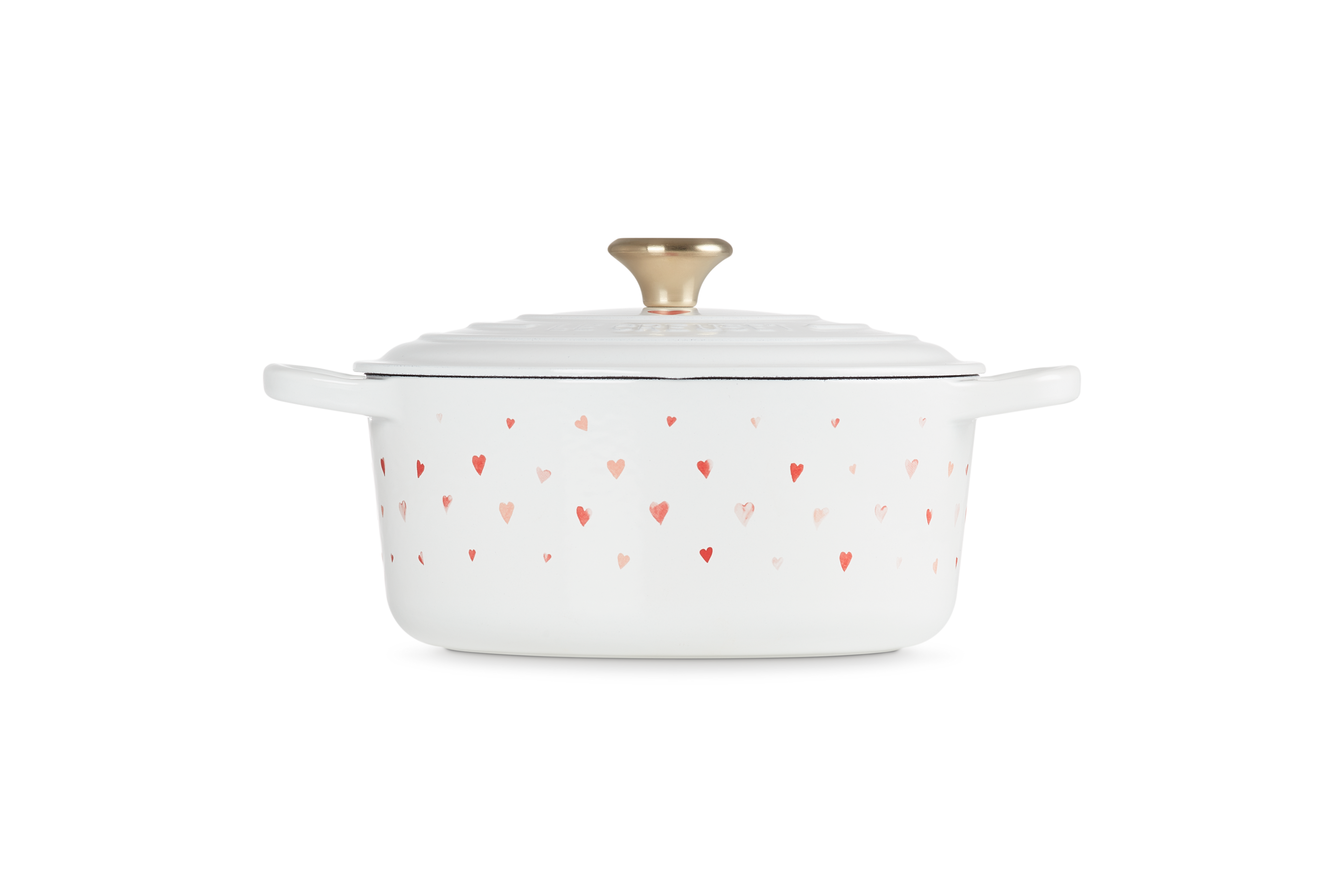 Cocotte Ronde Signature - Fonte Émaillée - 22Cm - Motifs Cœurs - Bouton Doré Clair