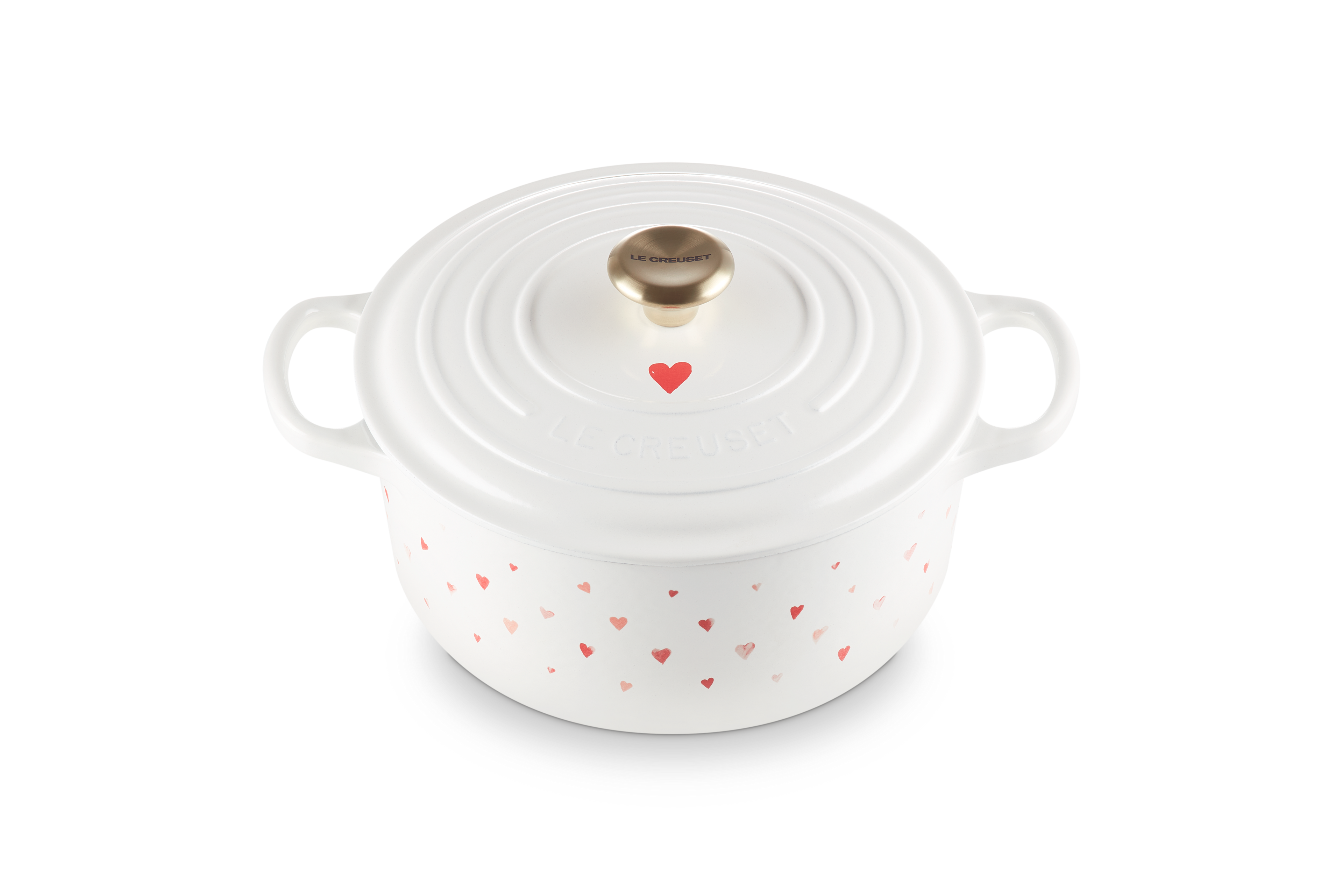 Cocotte Ronde Signature - Fonte Émaillée - 22Cm - Motifs Cœurs - Bouton Doré Clair
