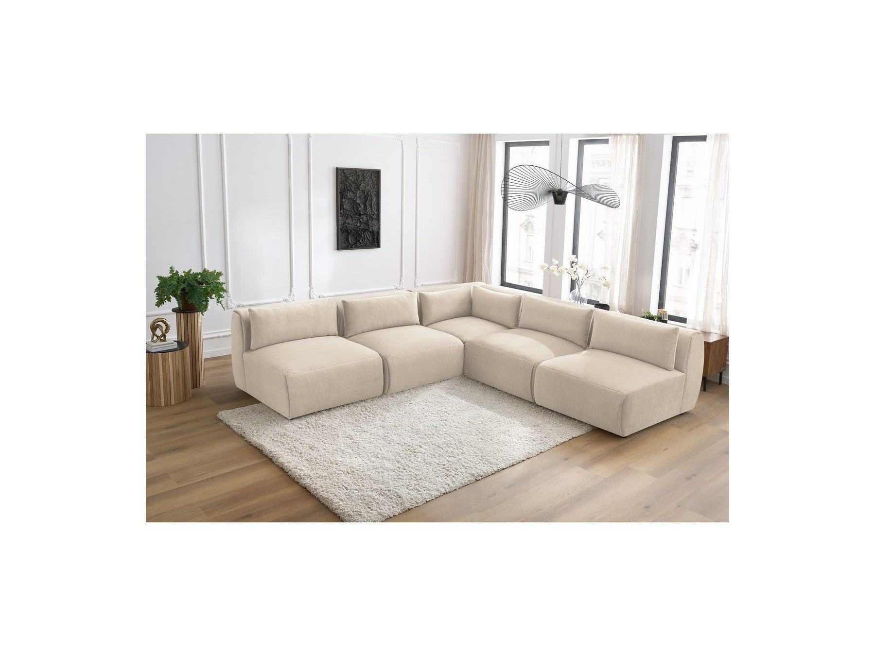 Jeanne - Modular Fixed Corner Sofa - Velvet Fabric with 4 Armless Chairs and 1 Corner Unit
