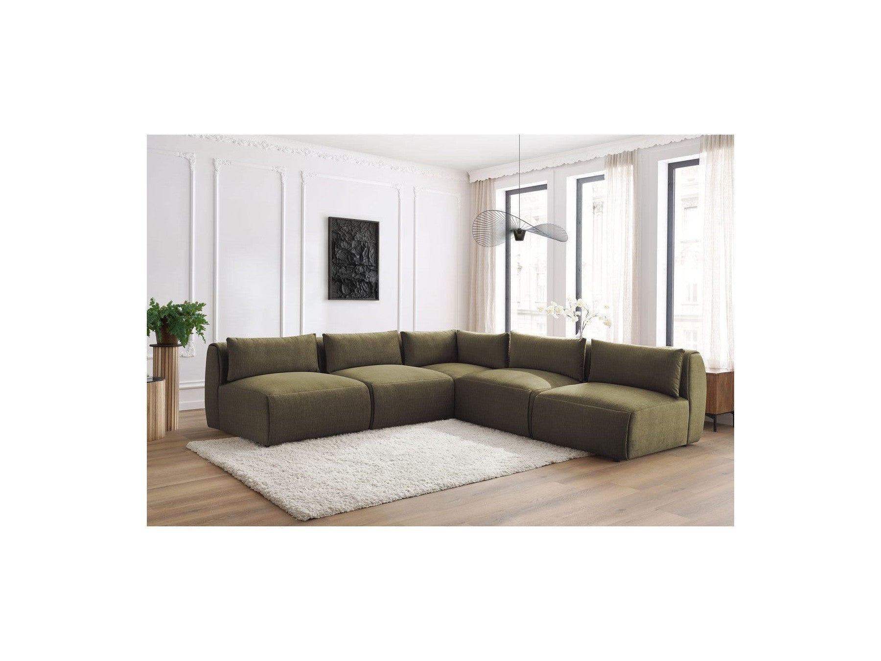 Jeanne - Modular Fixed Corner Sofa - Velvet Fabric with 4 Armless Chairs and 1 Corner Unit