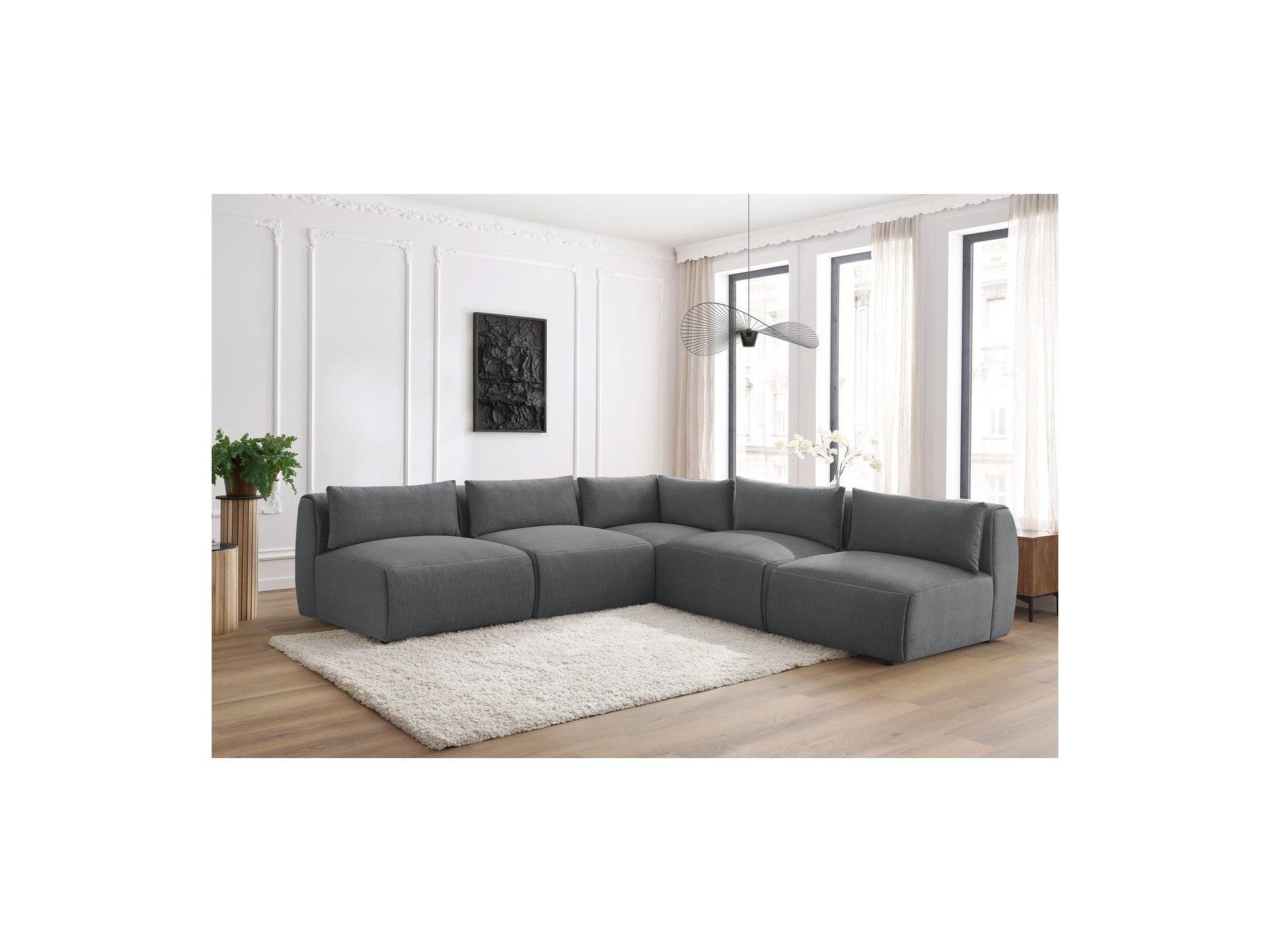 Jeanne - Modular Fixed Corner Sofa - Velvet Fabric with 4 Armless Chairs and 1 Corner Unit