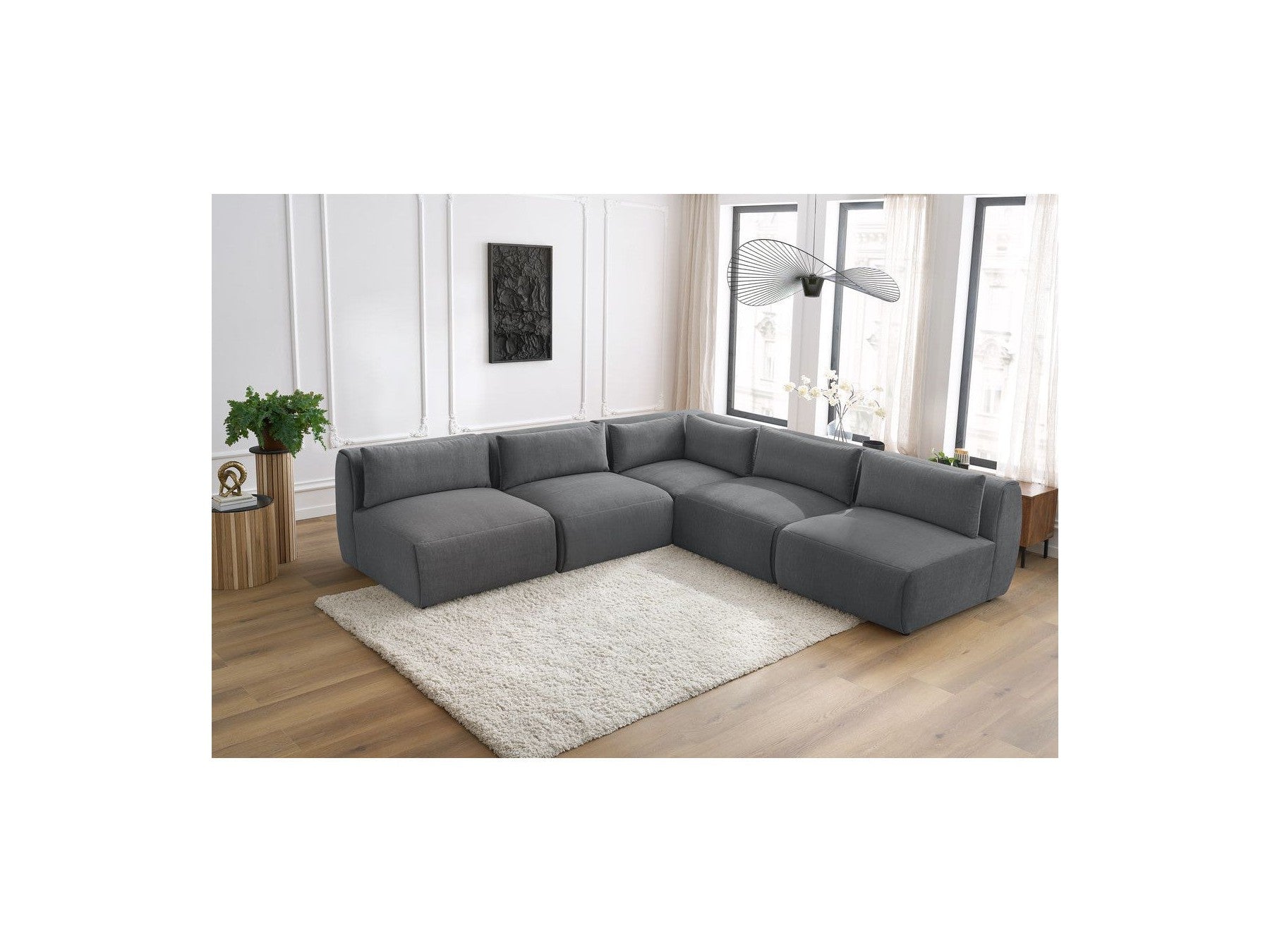 Jeanne - Modular Fixed Corner Sofa - Velvet Fabric with 4 Armless Chairs and 1 Corner Unit