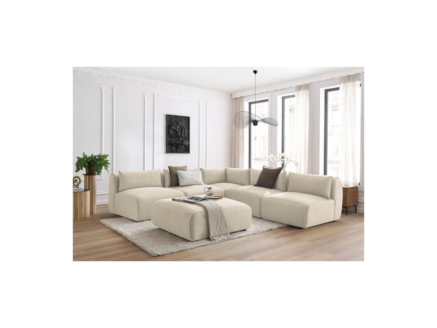 Modular Fixed Corner Sofa Jeanne Velvet Fabric with 4 Armchairs, 1 Corner and 1 Ottoman