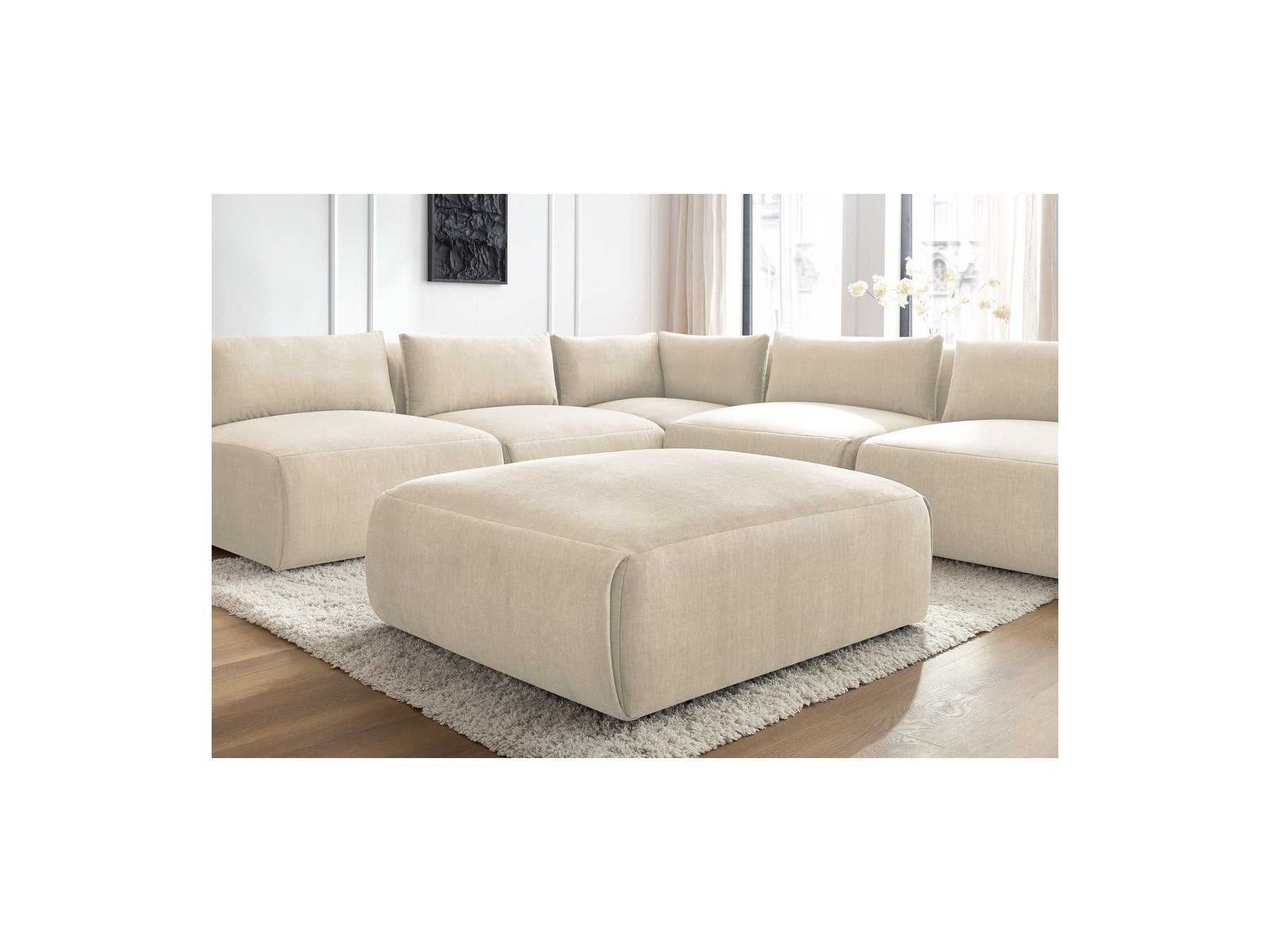 Modular Fixed Corner Sofa Jeanne Velvet Fabric with 4 Armchairs, 1 Corner and 1 Ottoman