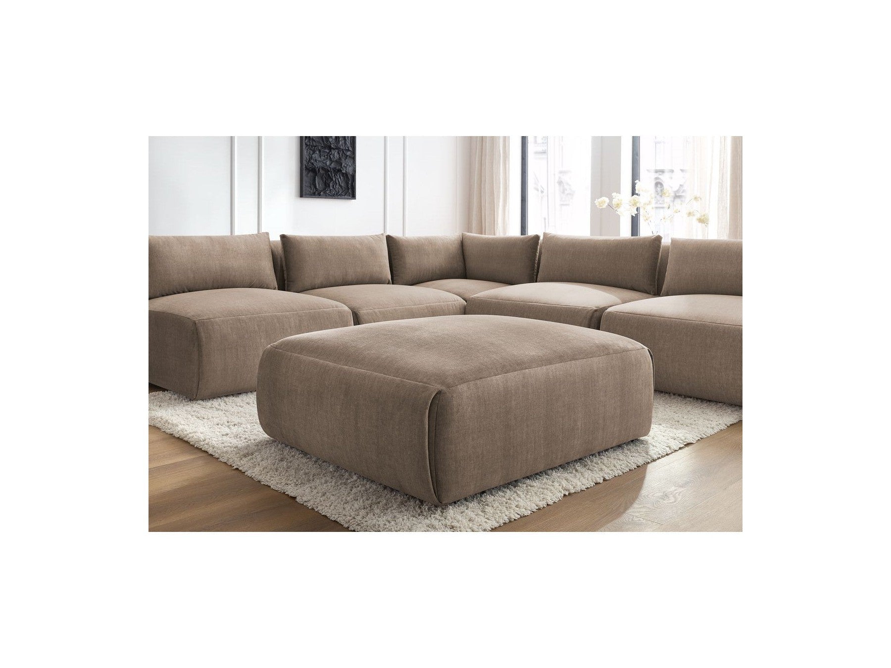 Modular Fixed Corner Sofa Jeanne Velvet Fabric with 4 Armchairs, 1 Corner and 1 Ottoman