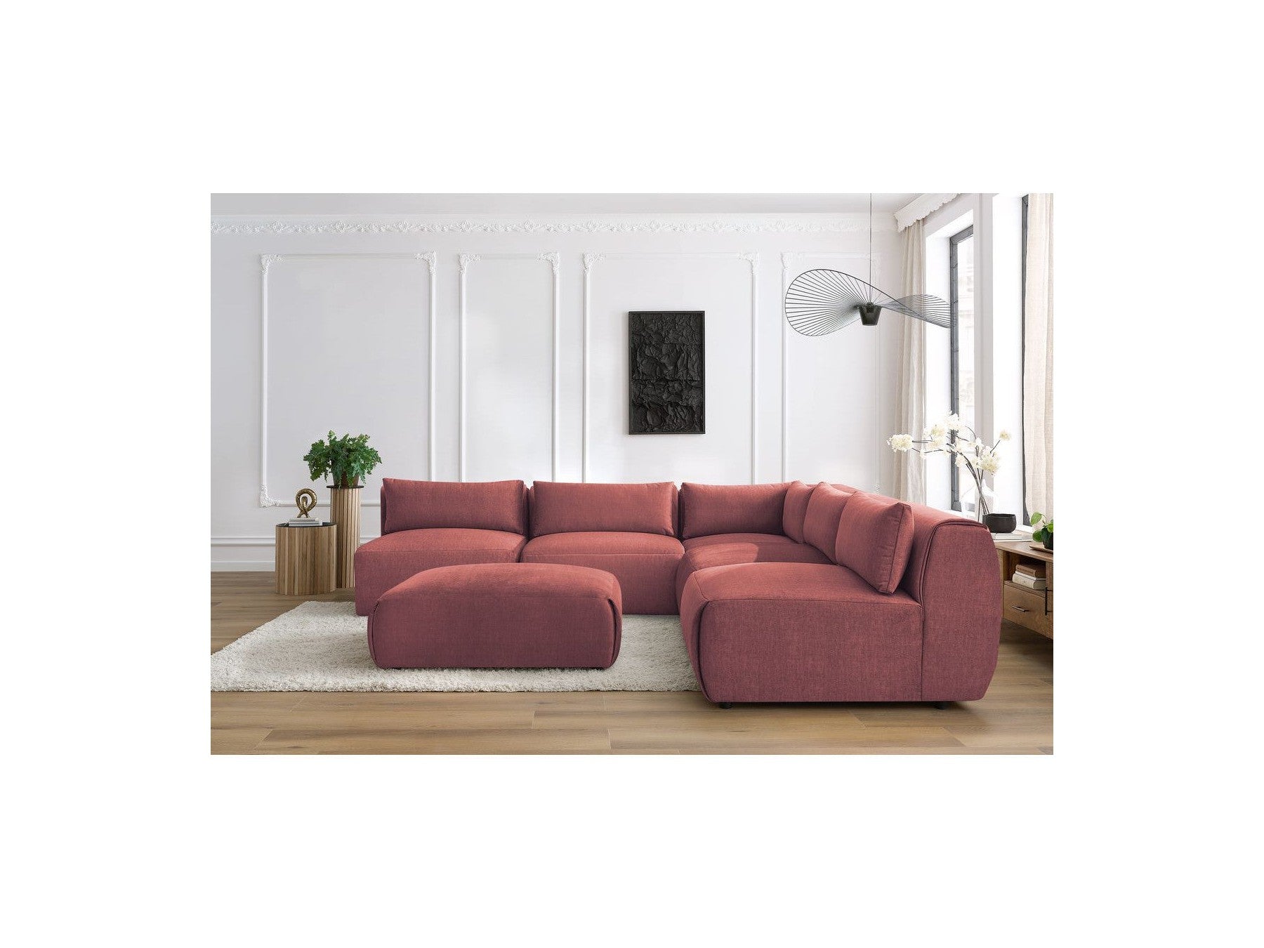 Modular Fixed Corner Sofa Jeanne Velvet Fabric with 4 Armchairs, 1 Corner and 1 Ottoman