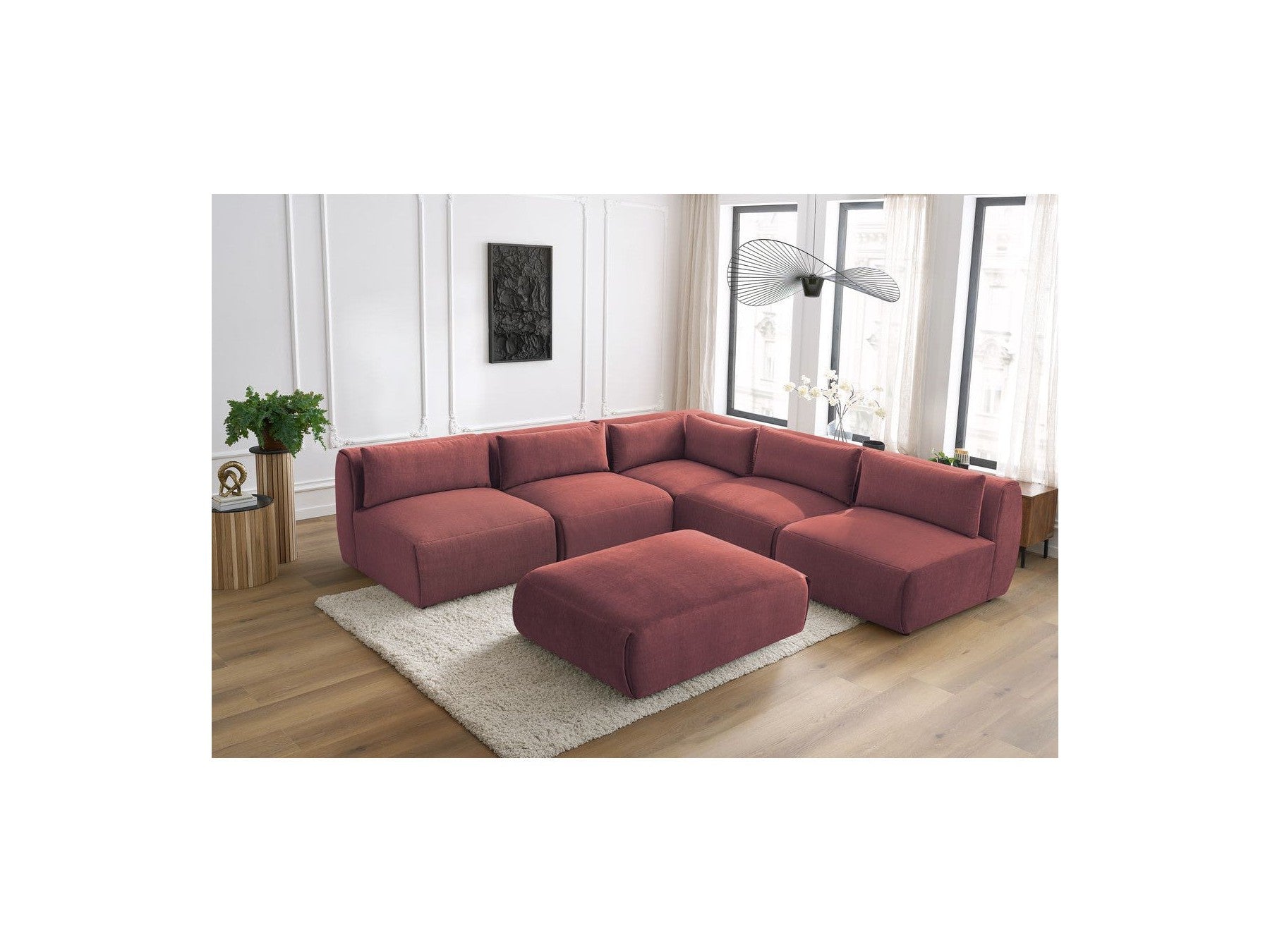 Modular Fixed Corner Sofa Jeanne Velvet Fabric with 4 Armchairs, 1 Corner and 1 Ottoman