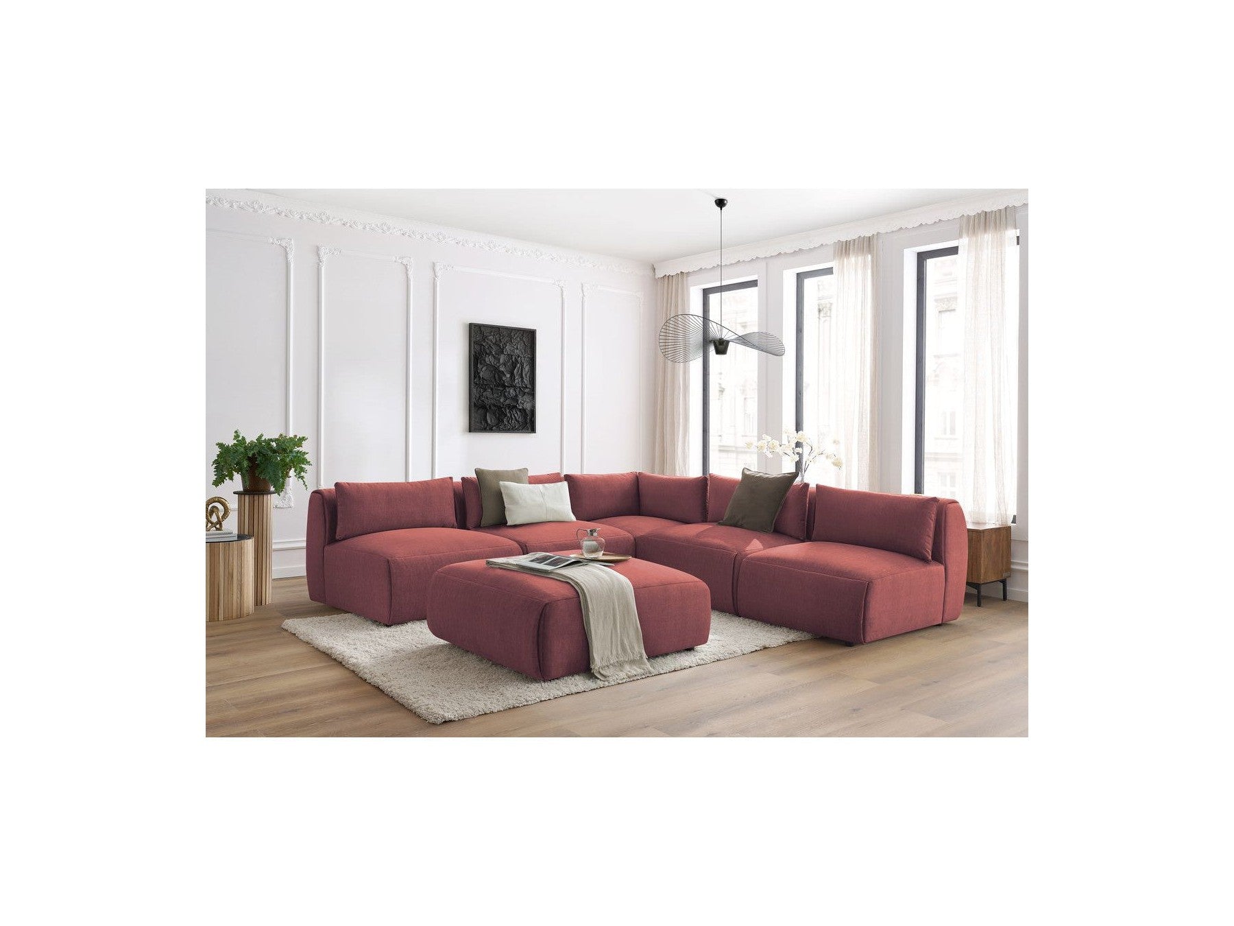 Modular Fixed Corner Sofa Jeanne Velvet Fabric with 4 Armchairs, 1 Corner and 1 Ottoman