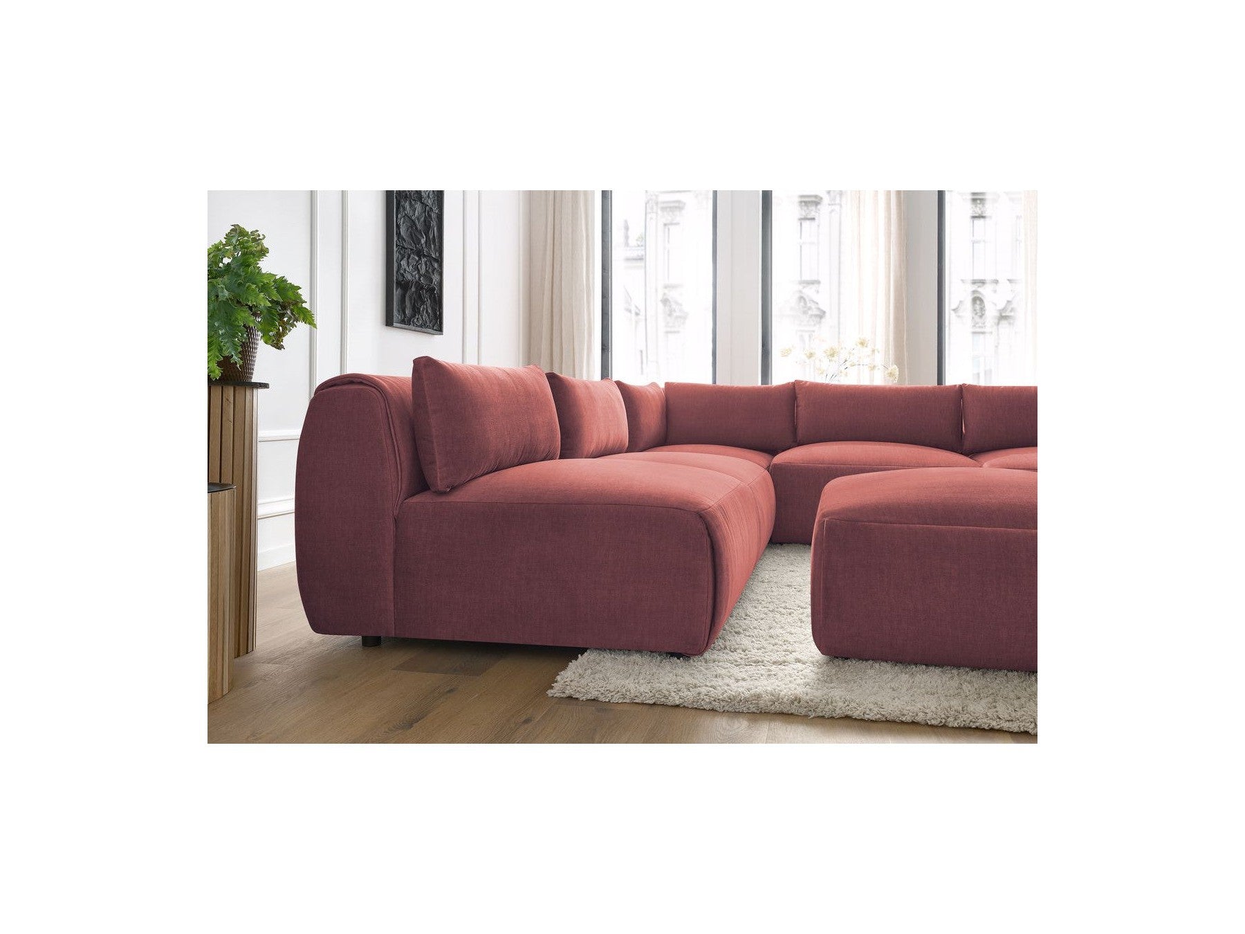 Modular Fixed Corner Sofa Jeanne Velvet Fabric with 4 Armchairs, 1 Corner and 1 Ottoman