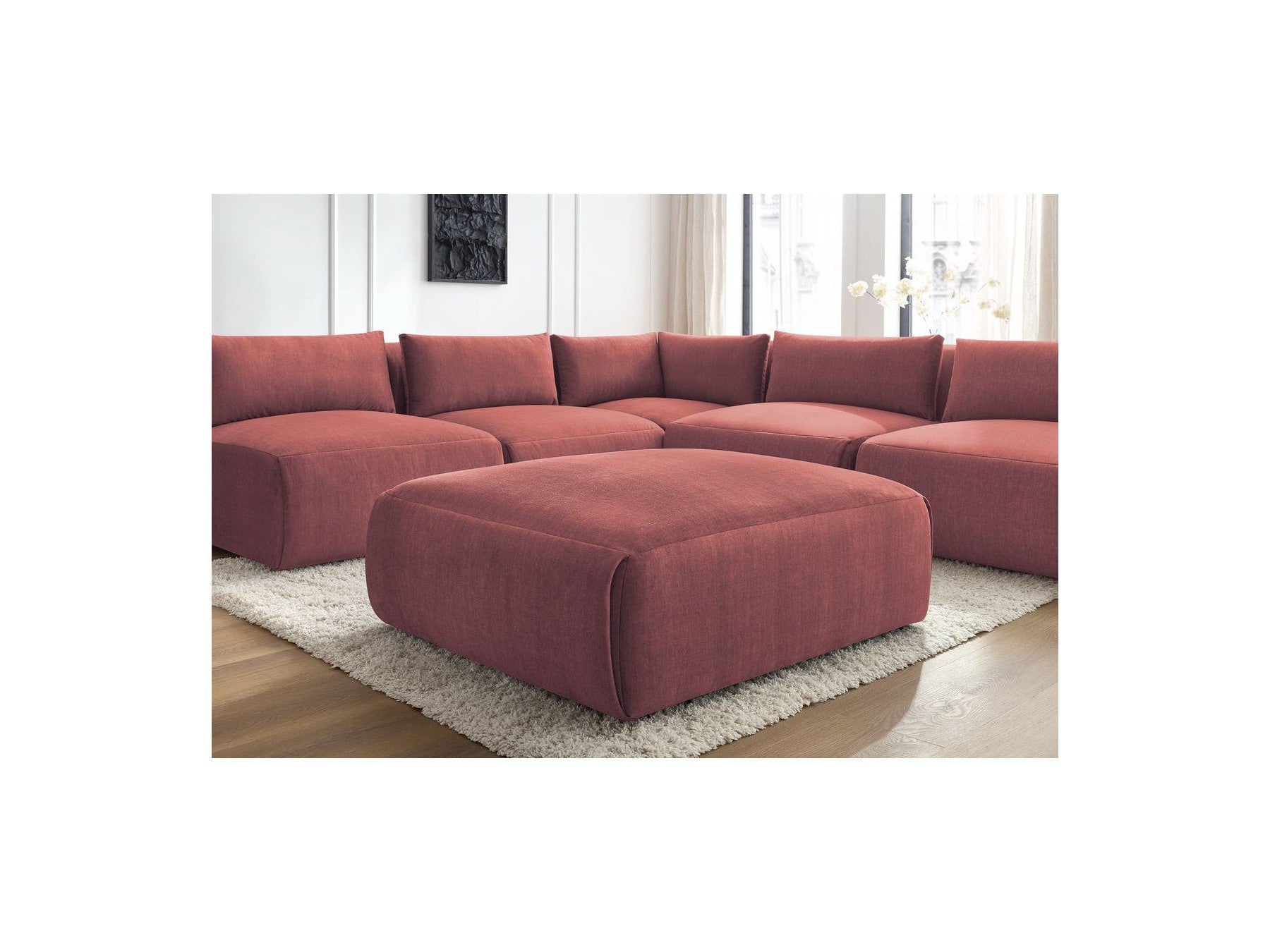 Modular Fixed Corner Sofa Jeanne Velvet Fabric with 4 Armchairs, 1 Corner and 1 Ottoman