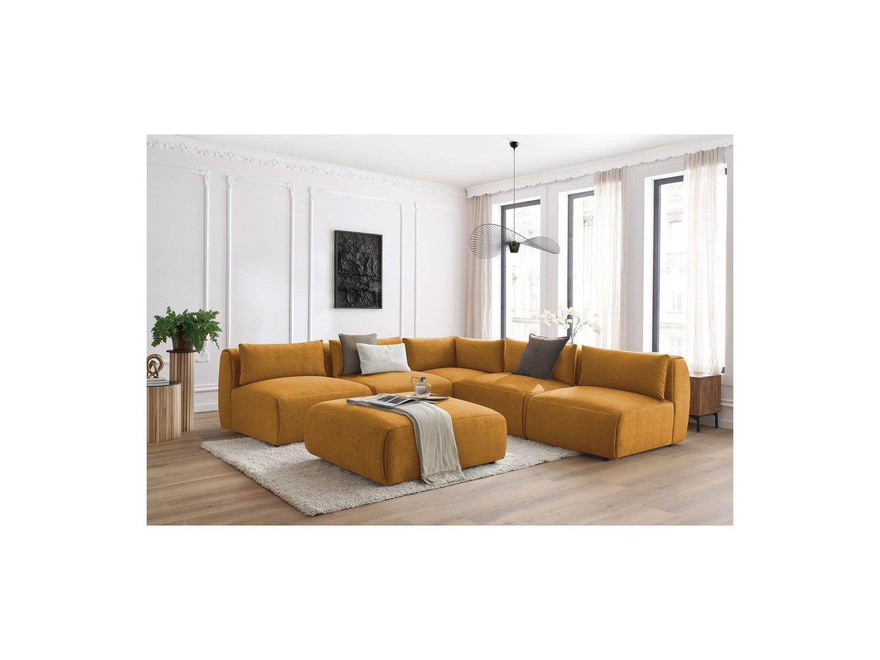 Modular Fixed Corner Sofa Jeanne Velvet Fabric with 4 Armchairs, 1 Corner and 1 Ottoman