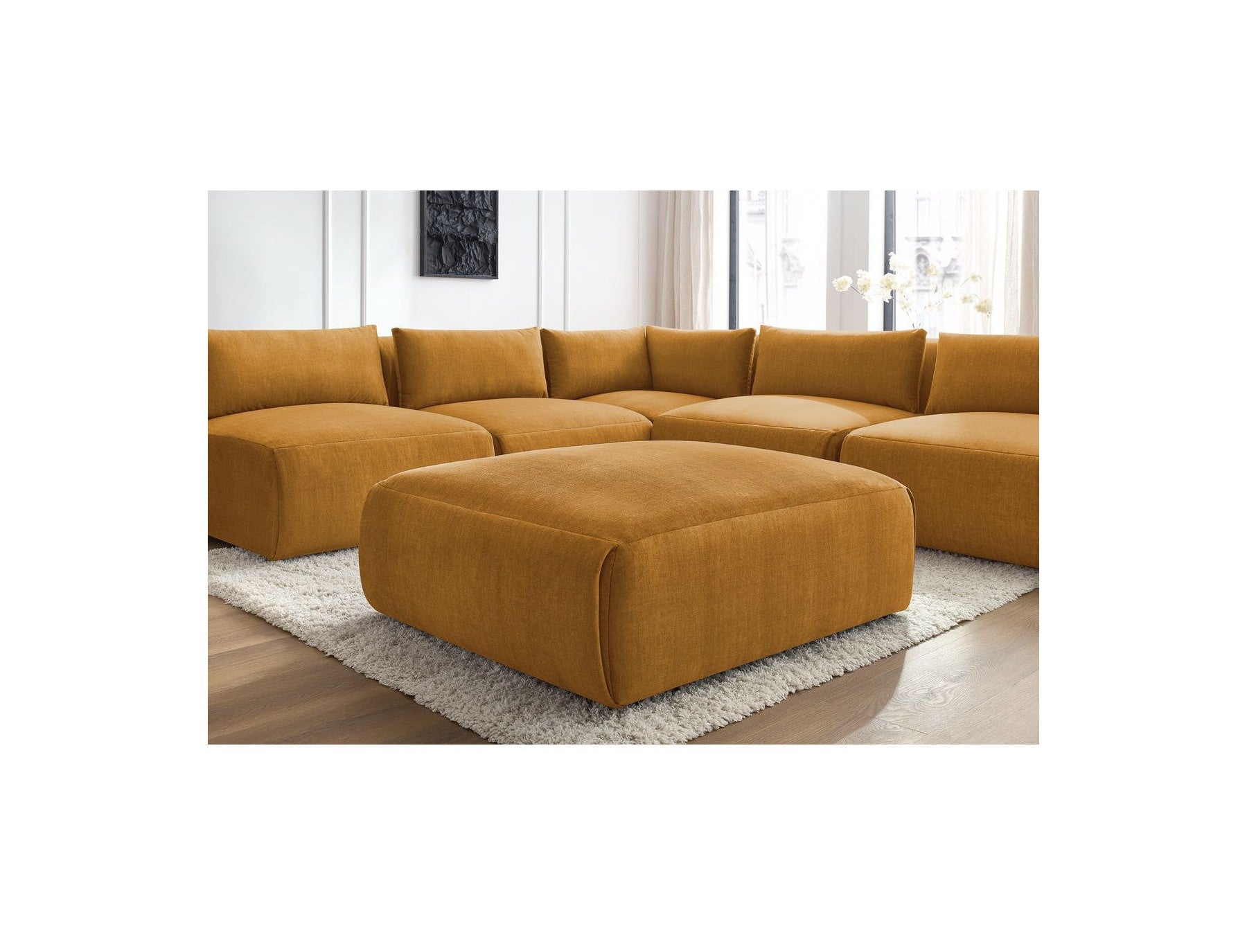 Modular Fixed Corner Sofa Jeanne Velvet Fabric with 4 Armchairs, 1 Corner and 1 Ottoman