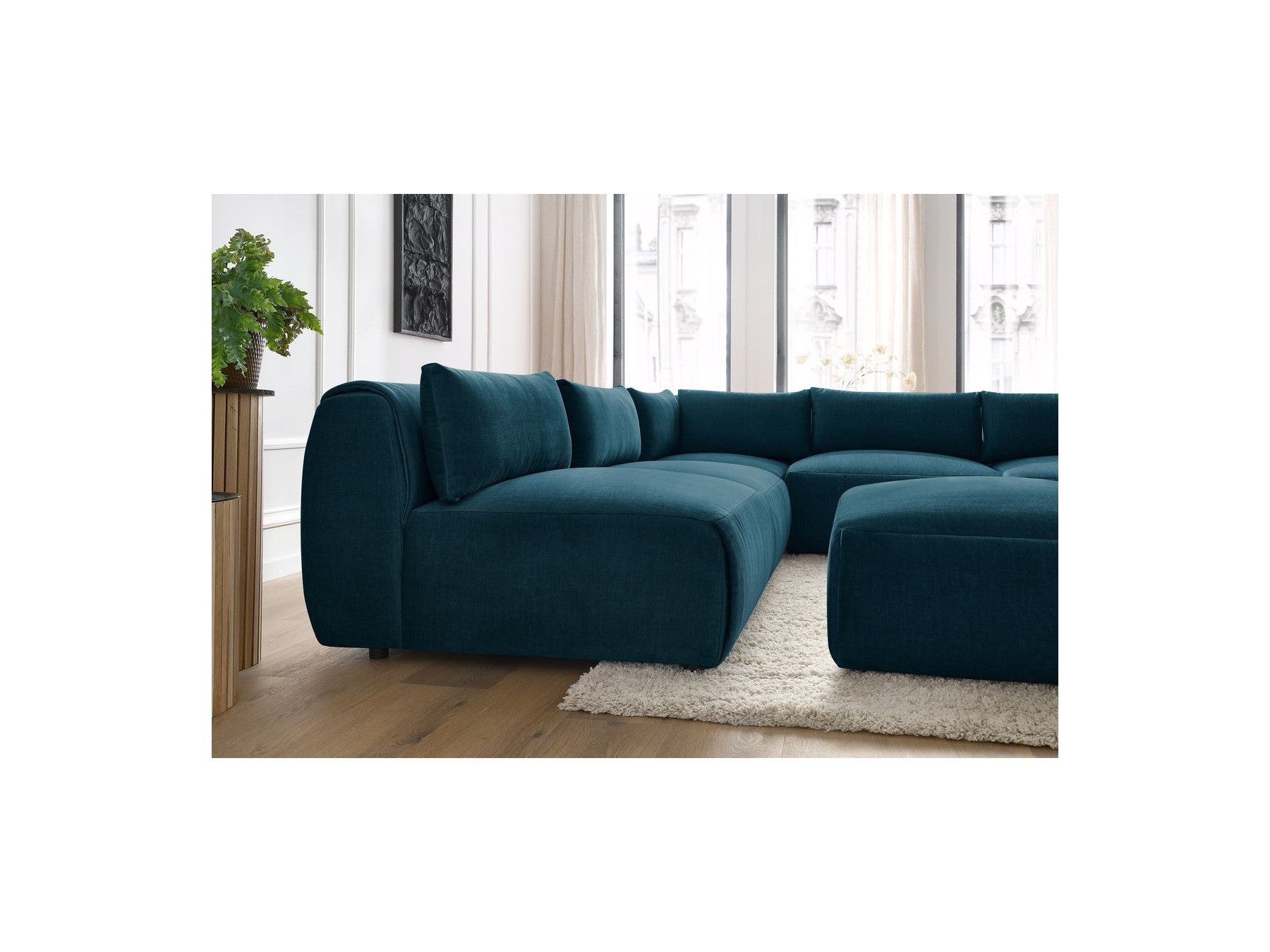 Modular Fixed Corner Sofa Jeanne Velvet Fabric with 4 Armchairs, 1 Corner and 1 Ottoman
