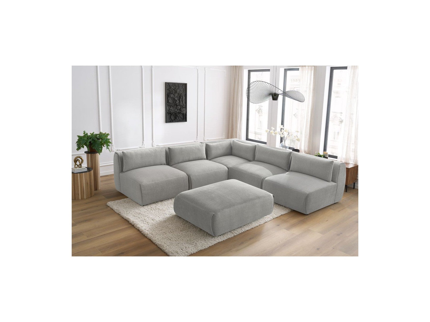 Modular Fixed Corner Sofa Jeanne Velvet Fabric with 4 Armchairs, 1 Corner and 1 Ottoman