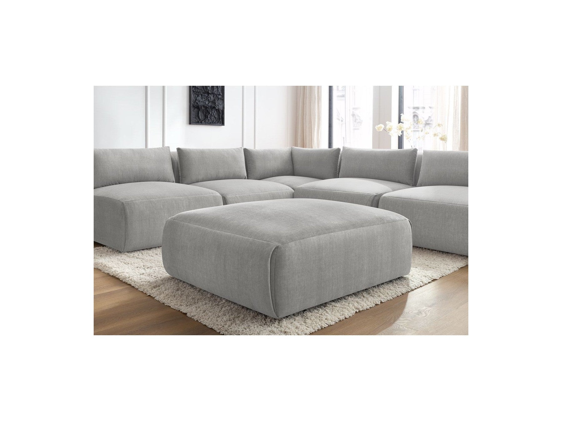 Modular Fixed Corner Sofa Jeanne Velvet Fabric with 4 Armchairs, 1 Corner and 1 Ottoman