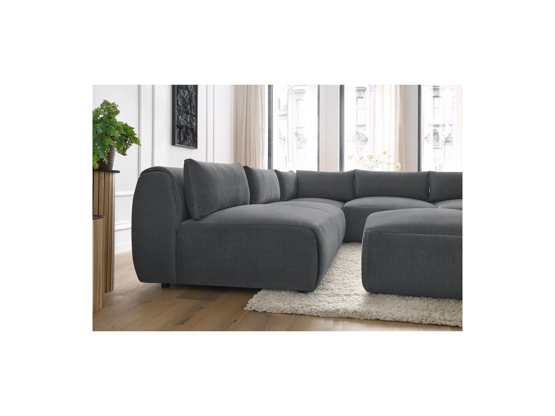 Modular Fixed Corner Sofa Jeanne Velvet Fabric with 4 Armchairs, 1 Corner and 1 Ottoman