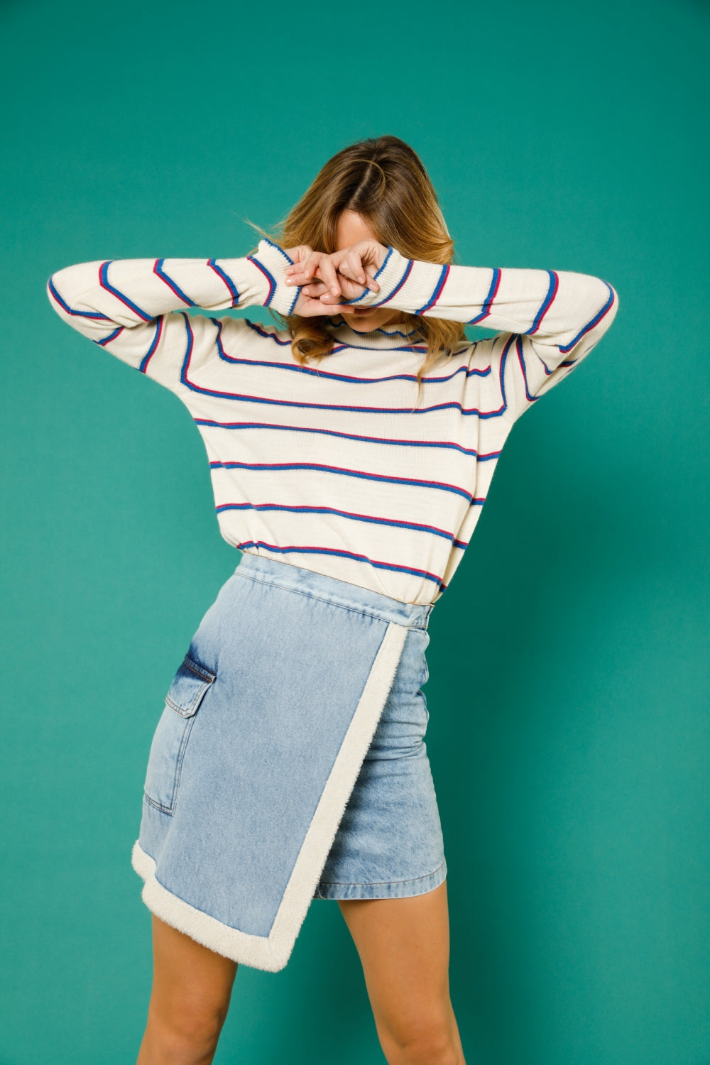 Blue Washed Shearling Denim Mini Skirt
