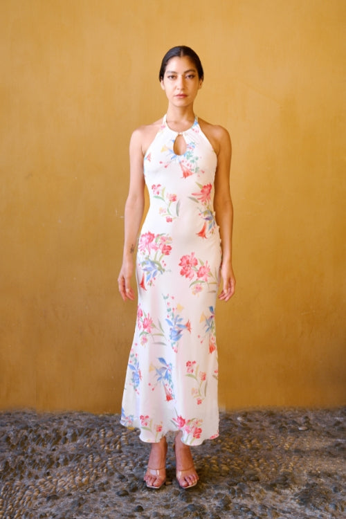 Rückenfreies Kleid mit Print – Weiß