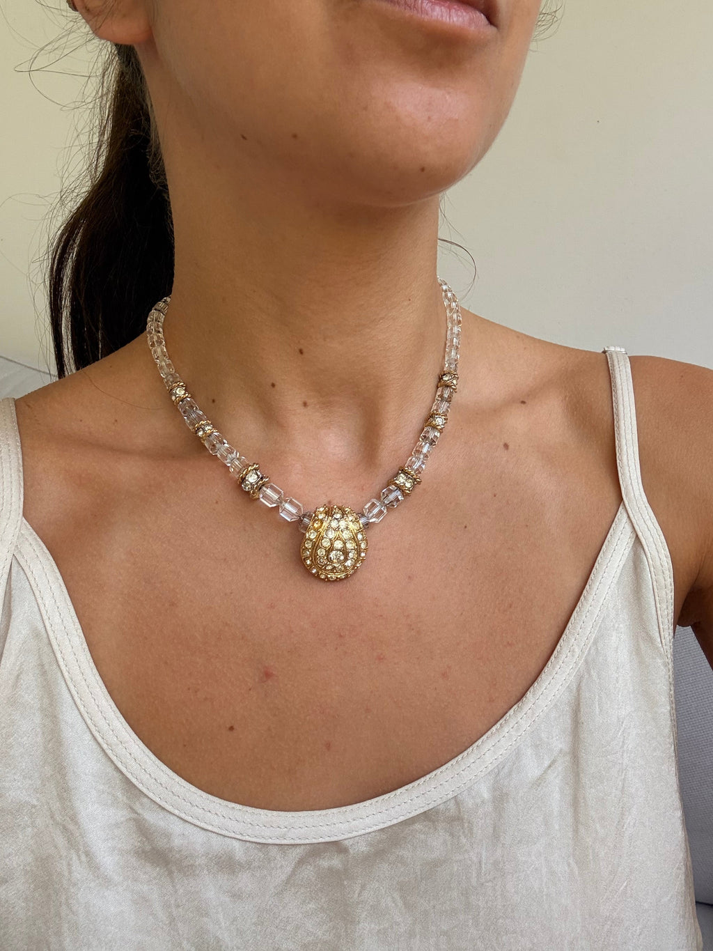 Collier Orena Vintage - Perles Cristal Facettées Et Pendentif Pavé