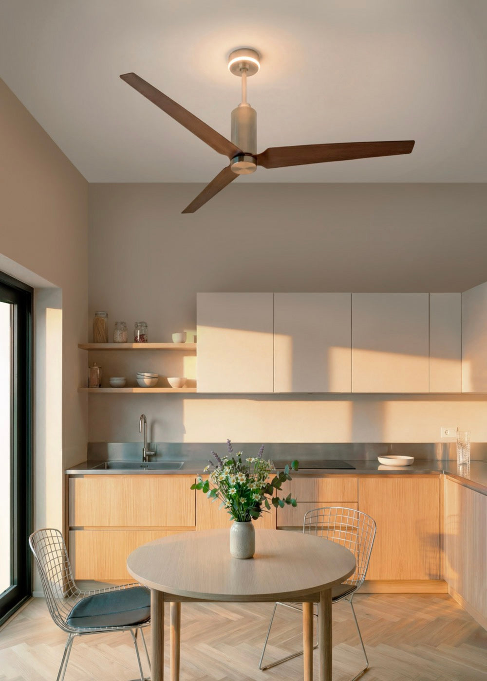 Wind Forma - 45W Quiet Ceiling Fan with Optional Ambient Light - Nickel/Dark Wood Effect