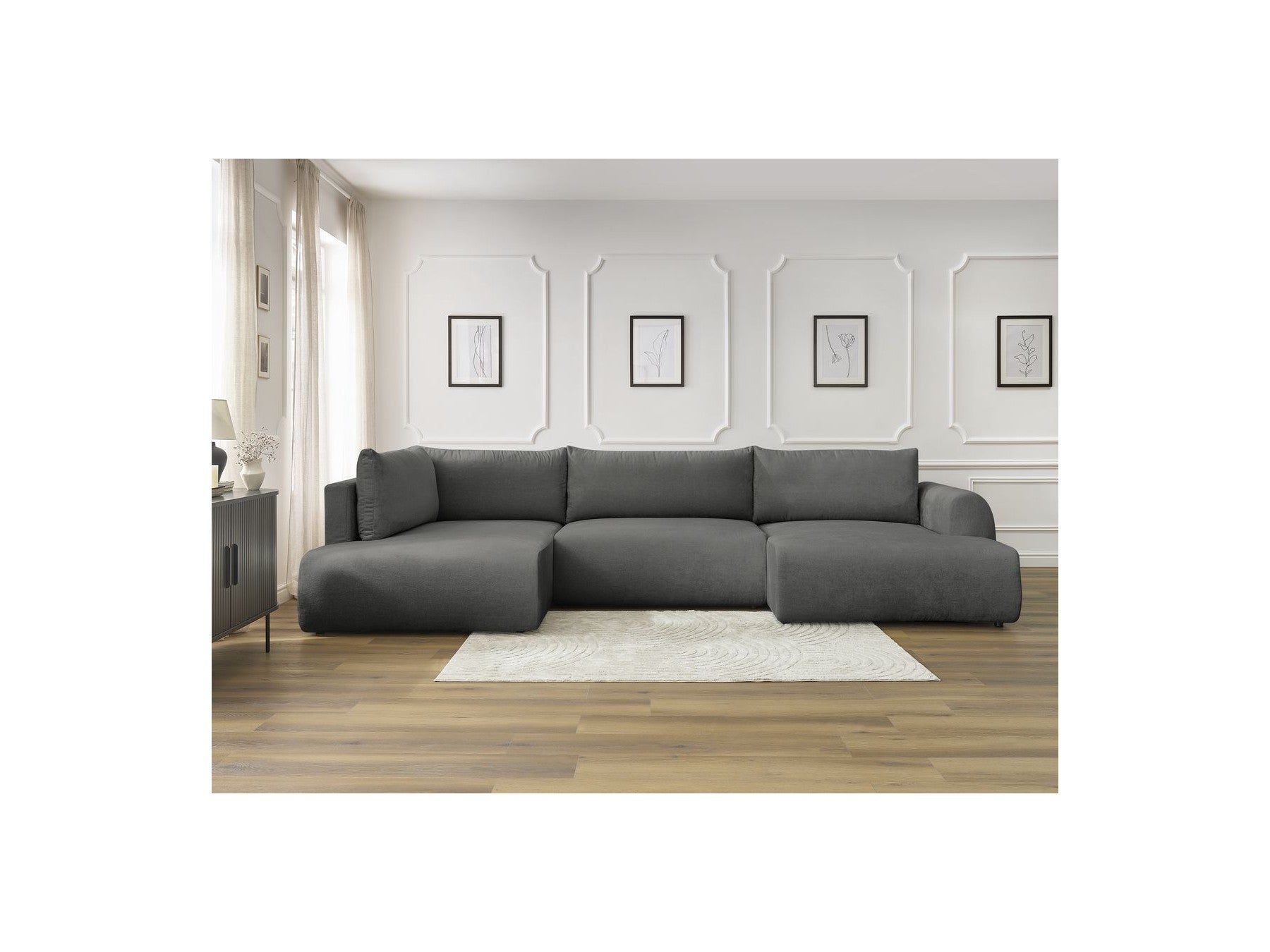 Canapé Panoramique Convertible Coffre - Lucien - Tissu Lisse - Angle Droit