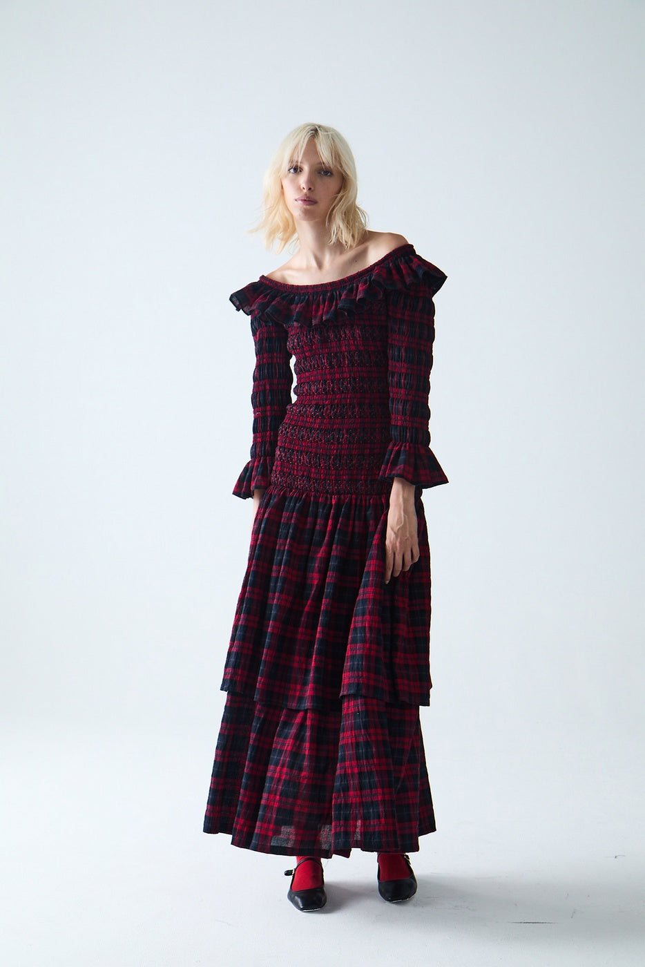 Maxivestido fruncido Sayani - Tartán rojo