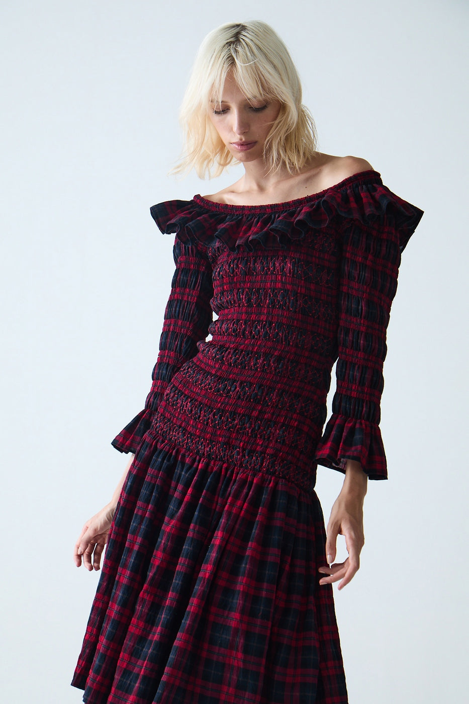 Maxivestido fruncido Sayani - Tartán rojo
