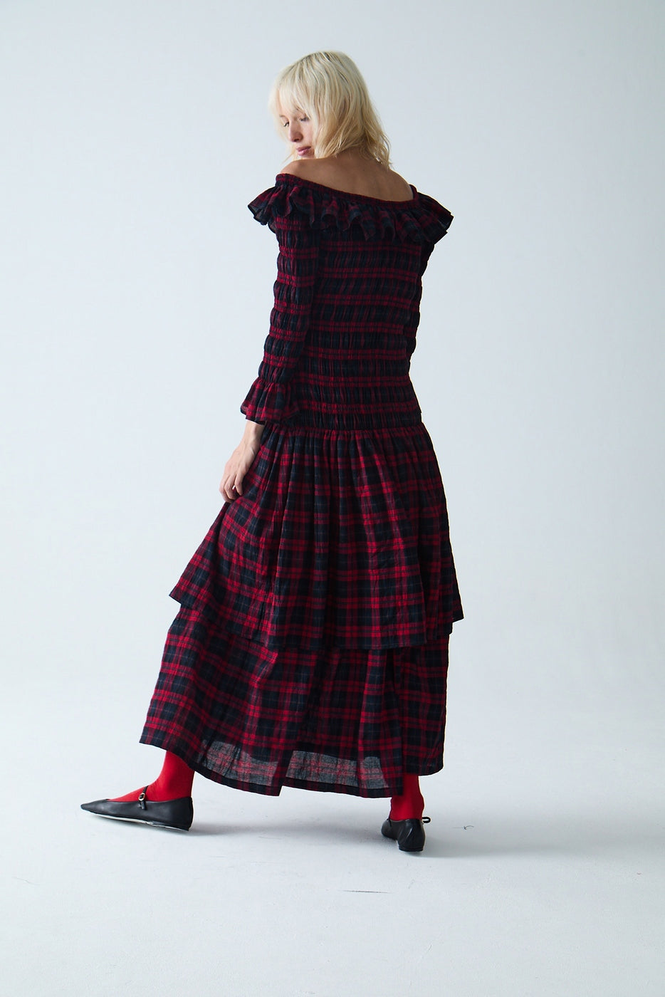 Maxivestido fruncido Sayani - Tartán rojo
