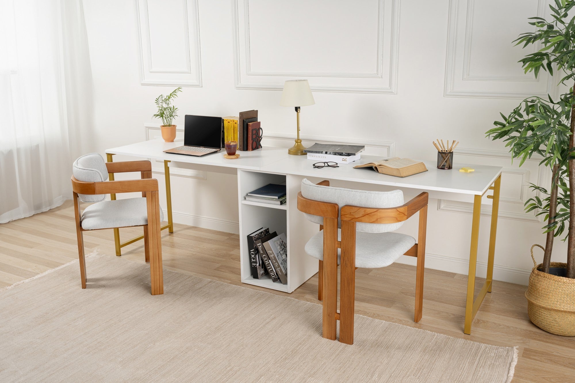 Twin Study Desk - Bureau - Blanc/Doré