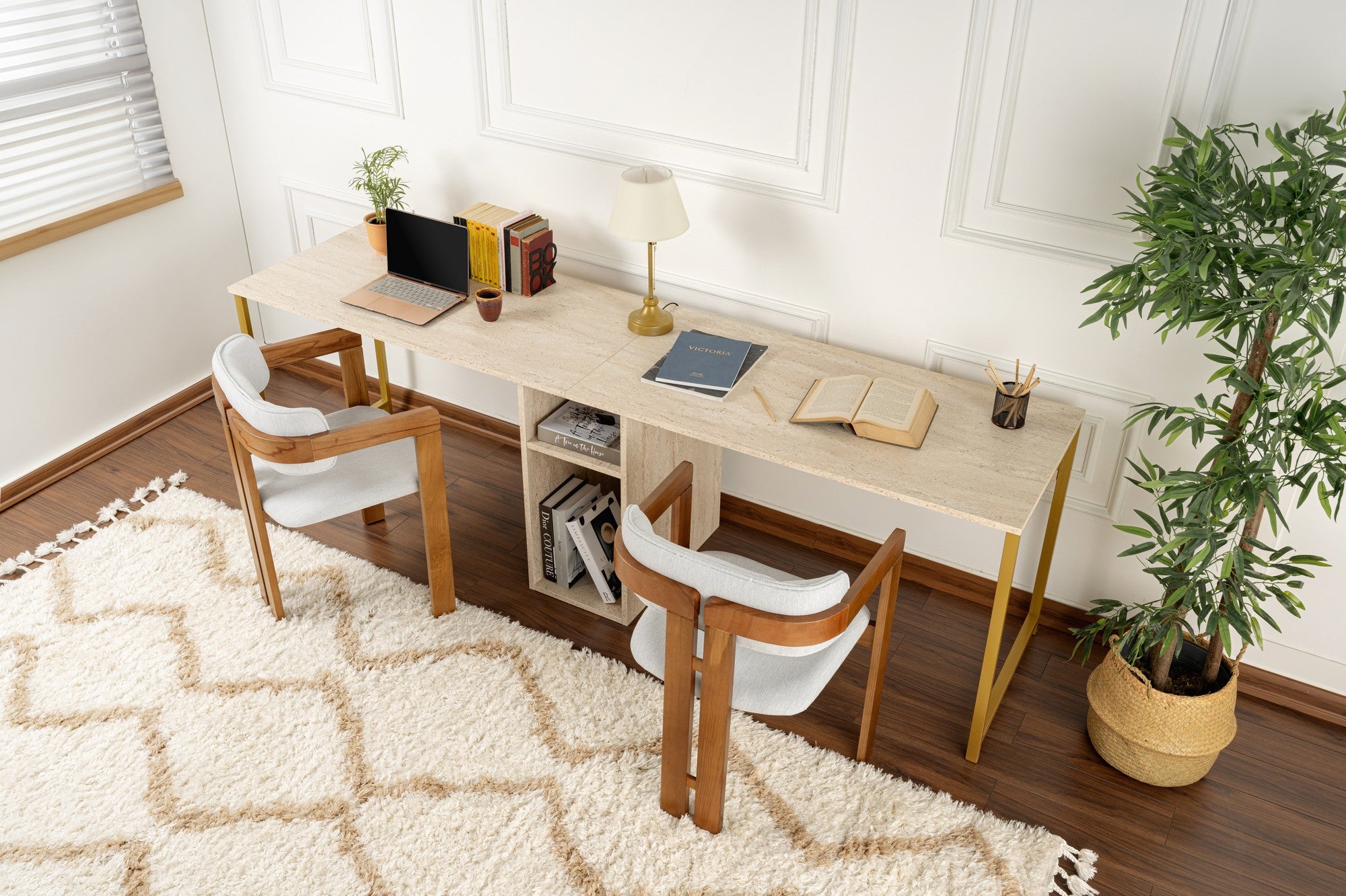 Twin Study Desk - Bureau - Travertine/Doré