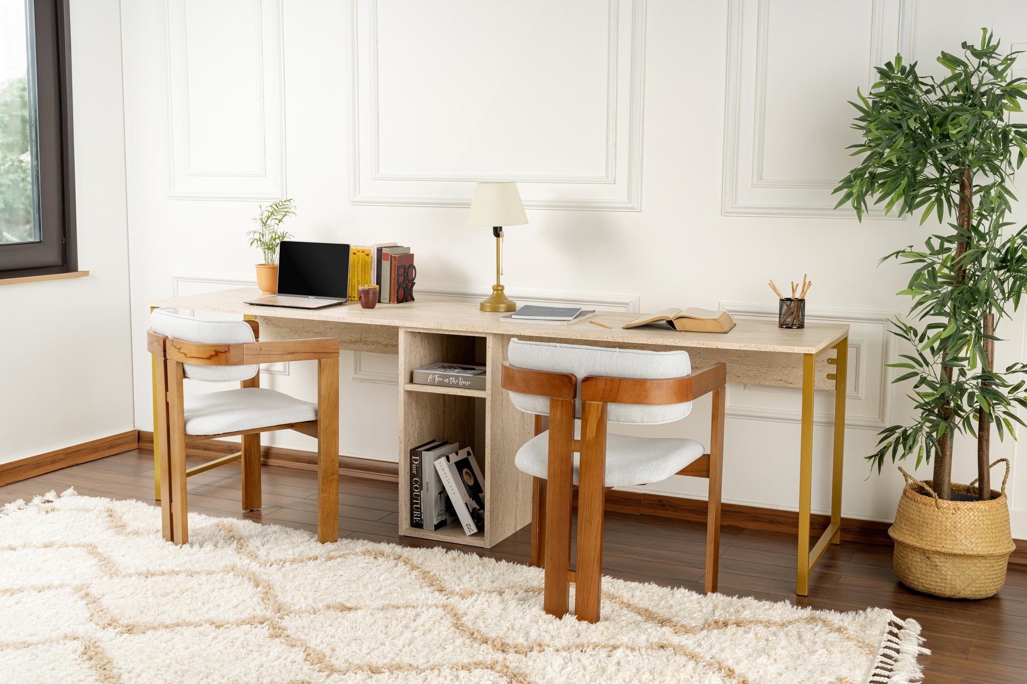 Twin Study Desk - Bureau - Travertine/Doré